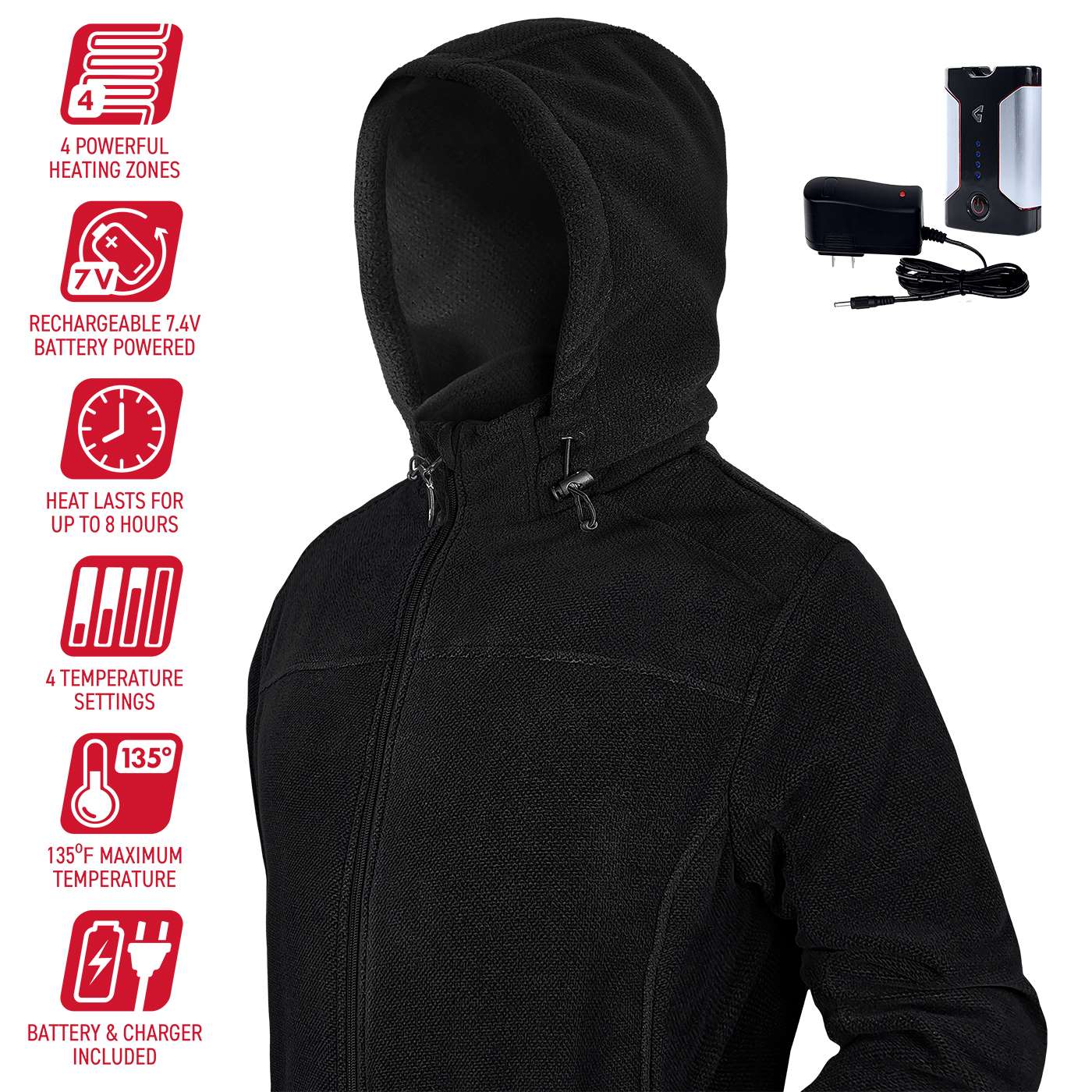 Chamarra térmica con capucha de forro polar para hombre en negro y peso mediano con batería y cargador incluidos (Grande)