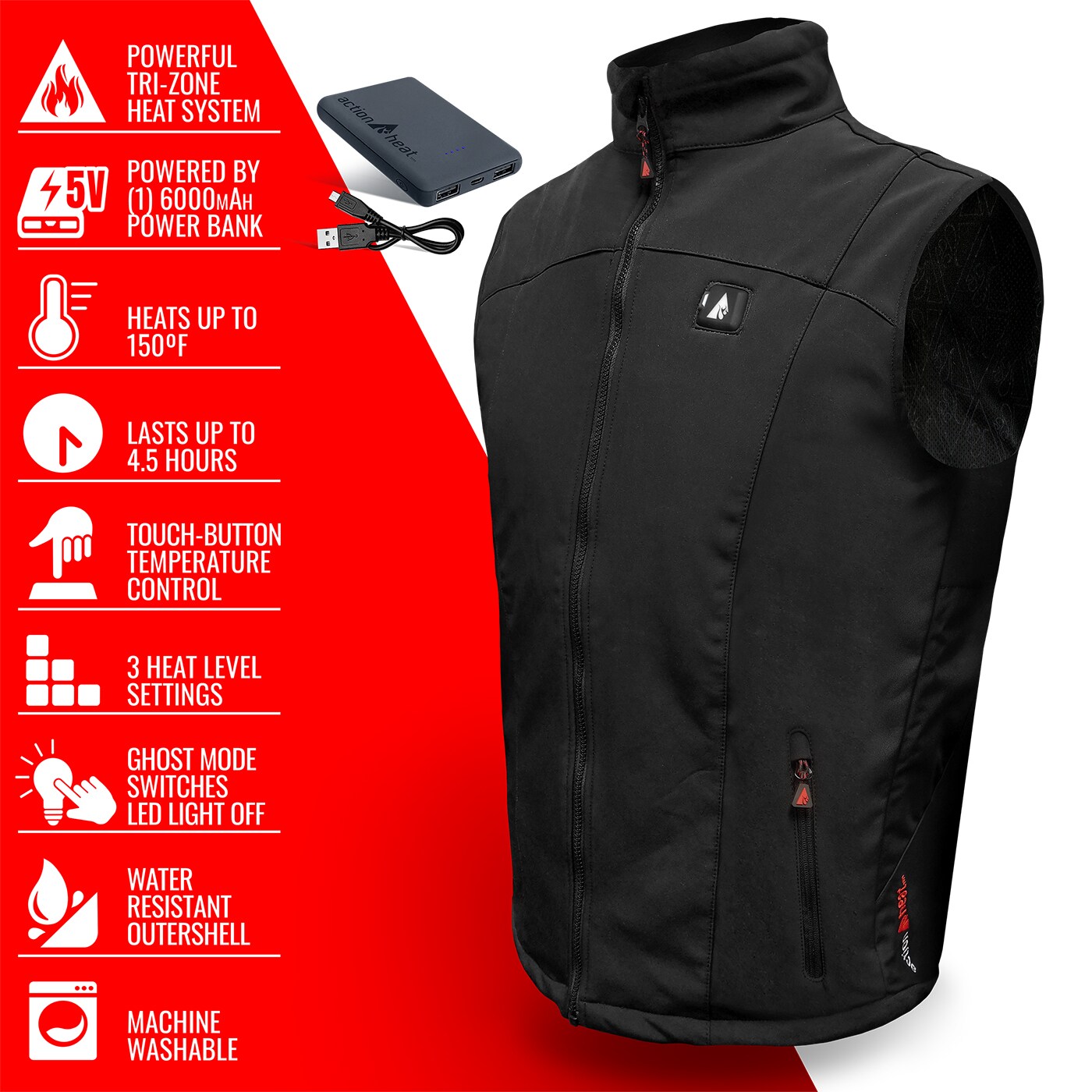 Chaleco térmico de poliéster negro para hombre de ActionHeat talla Mediana AH-VST-5V-01-M.