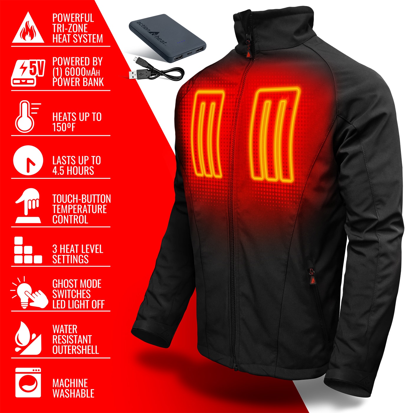 Chamarra térmica negra ligera para hombre de ActionHeat (Grande)