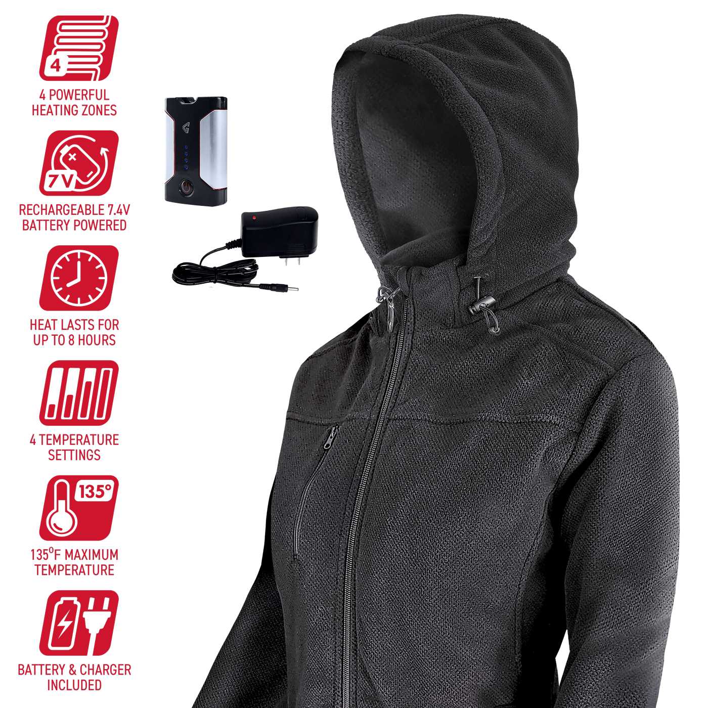 Chamarra con Capucha y Calefacción para Mujer en Gris de Peso Medio (Talla S) - Batería y Cargador Incluidos