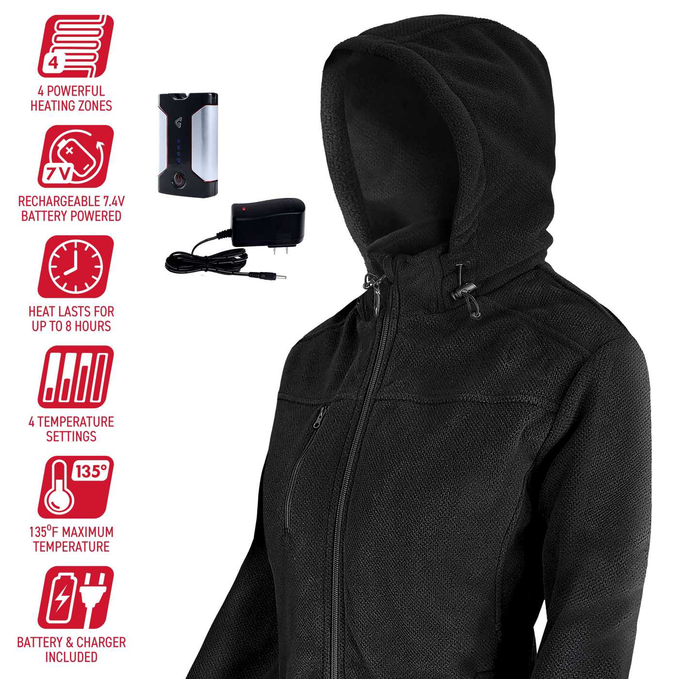 Chamarra térmica con capucha y calefacción Gerbing para mujer en color negro, peso medio (talla mediana) con batería y cargador incluidos.