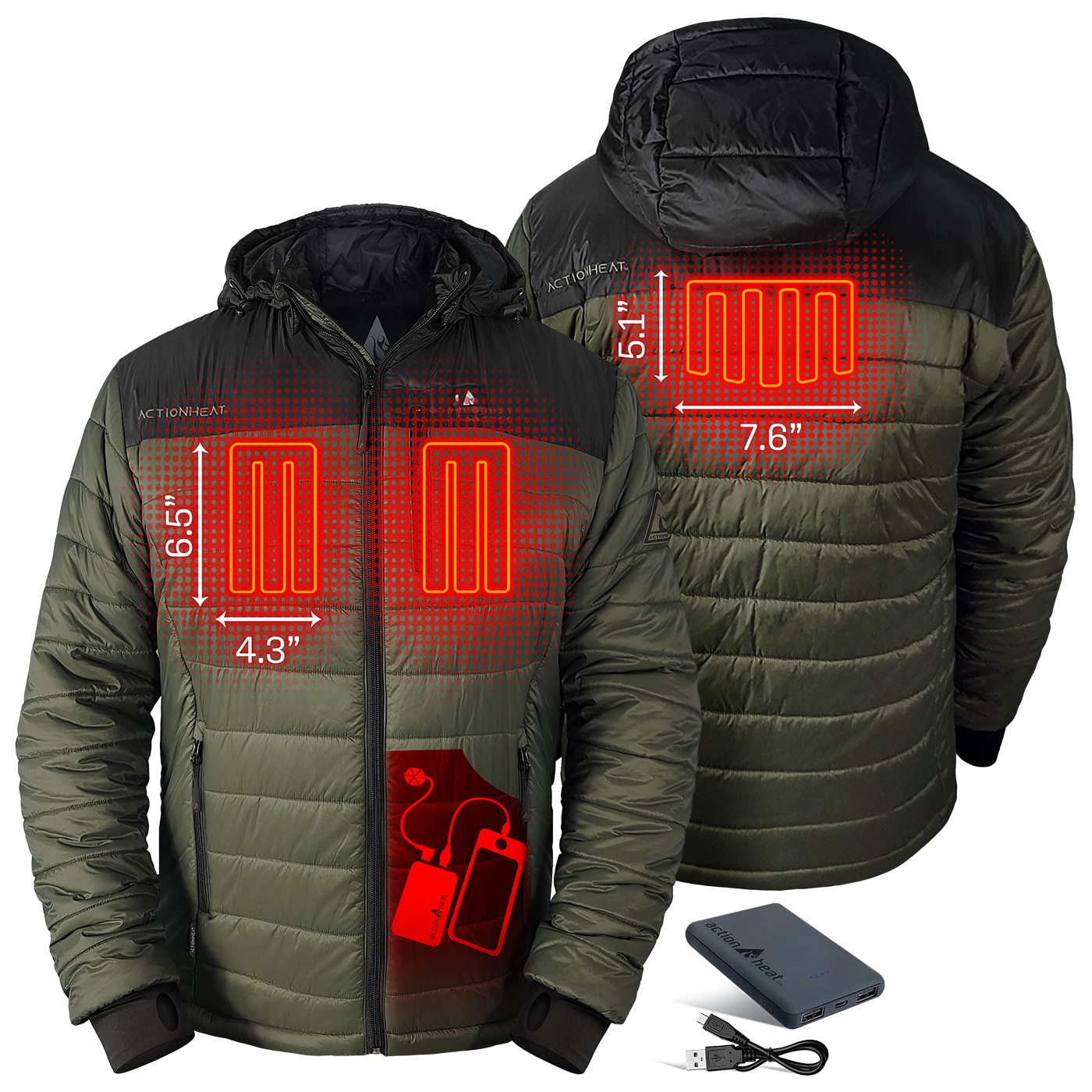 Chamarra térmica aislada con peso pesado para hombre en negro/verde olivo con capucha y calefacción incluida (talla mediana)