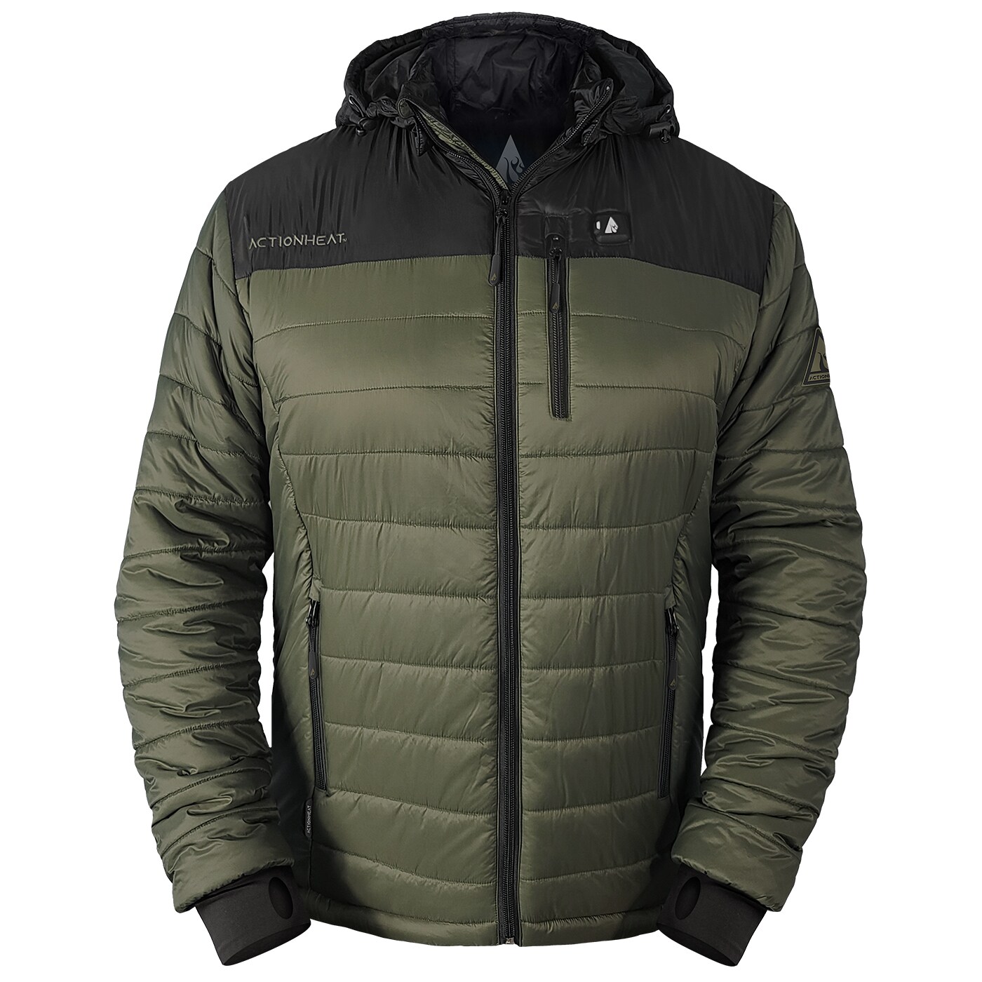 Chamarra térmica aislada con peso pesado para hombre en negro/verde olivo con capucha y calefacción incluida (talla mediana)