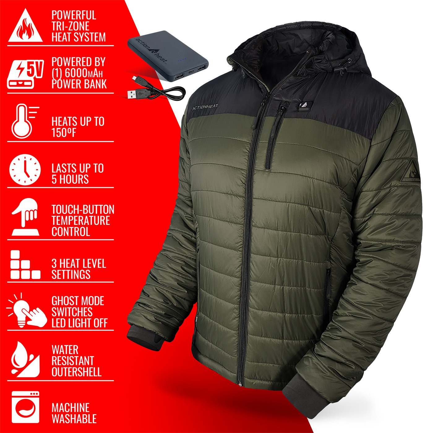 Chamarra térmica aislada con peso pesado para hombre en negro/verde olivo con capucha y calefacción incluida (talla mediana)