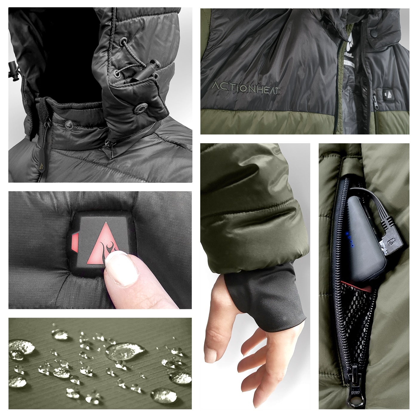 Chamarra térmica aislada con peso pesado para hombre en negro/verde olivo con capucha y calefacción incluida (talla mediana)
