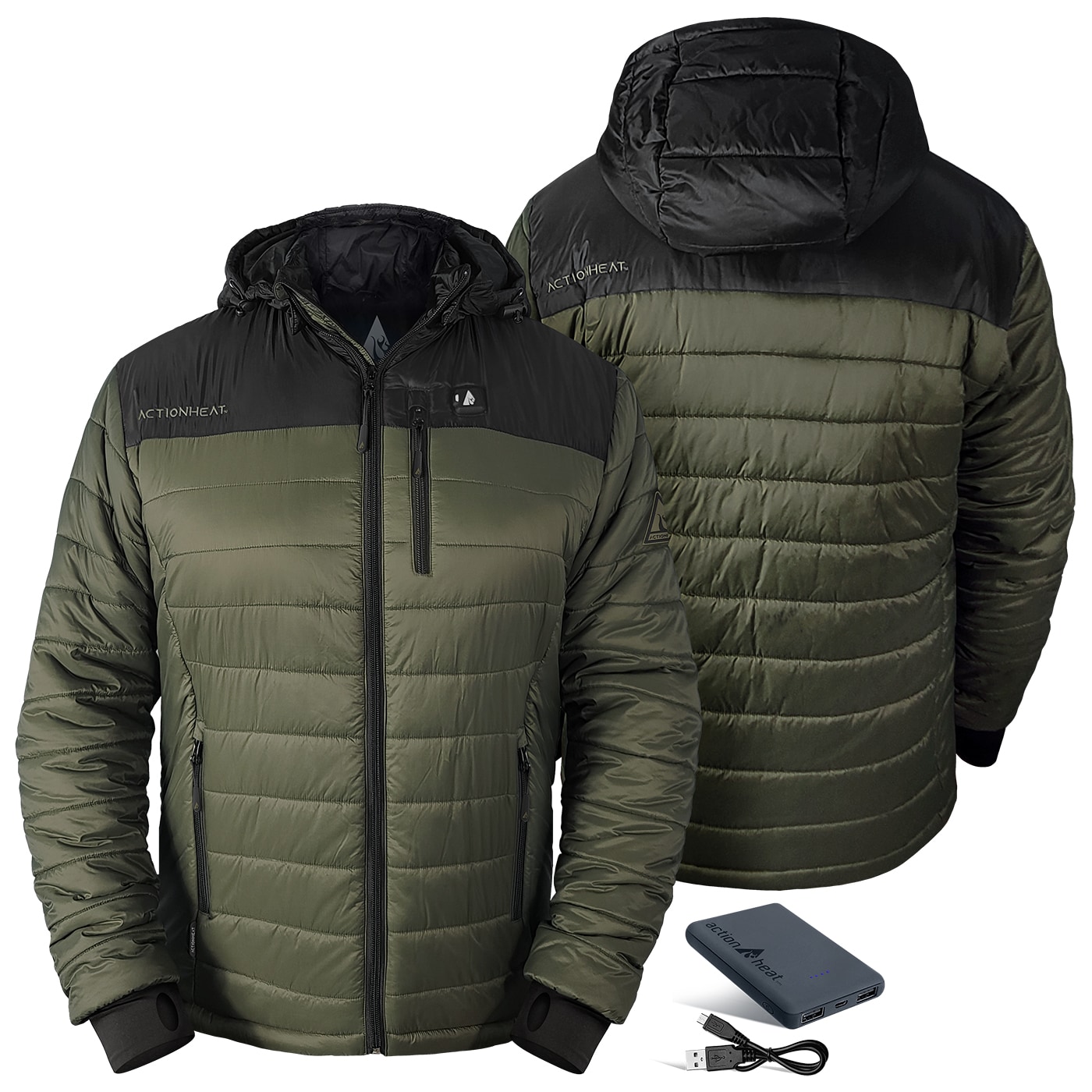 Chamarra térmica aislada con peso pesado para hombre en negro/verde olivo con capucha y calefacción incluida (talla mediana)