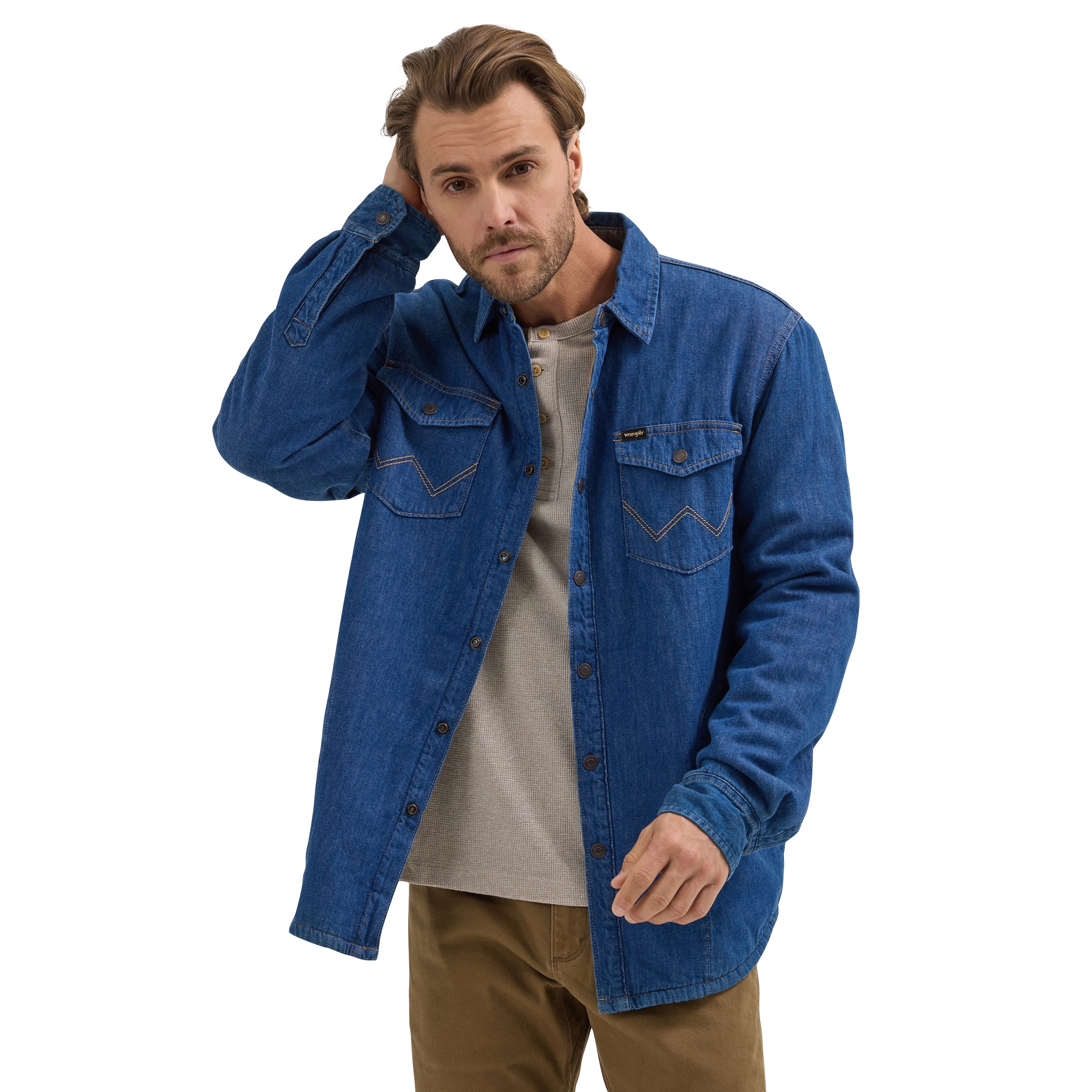 Chamarra de trabajo de mezclilla resistente Wrangler para hombre en lavado medio con aislamiento (Talla grande) 112358648-L