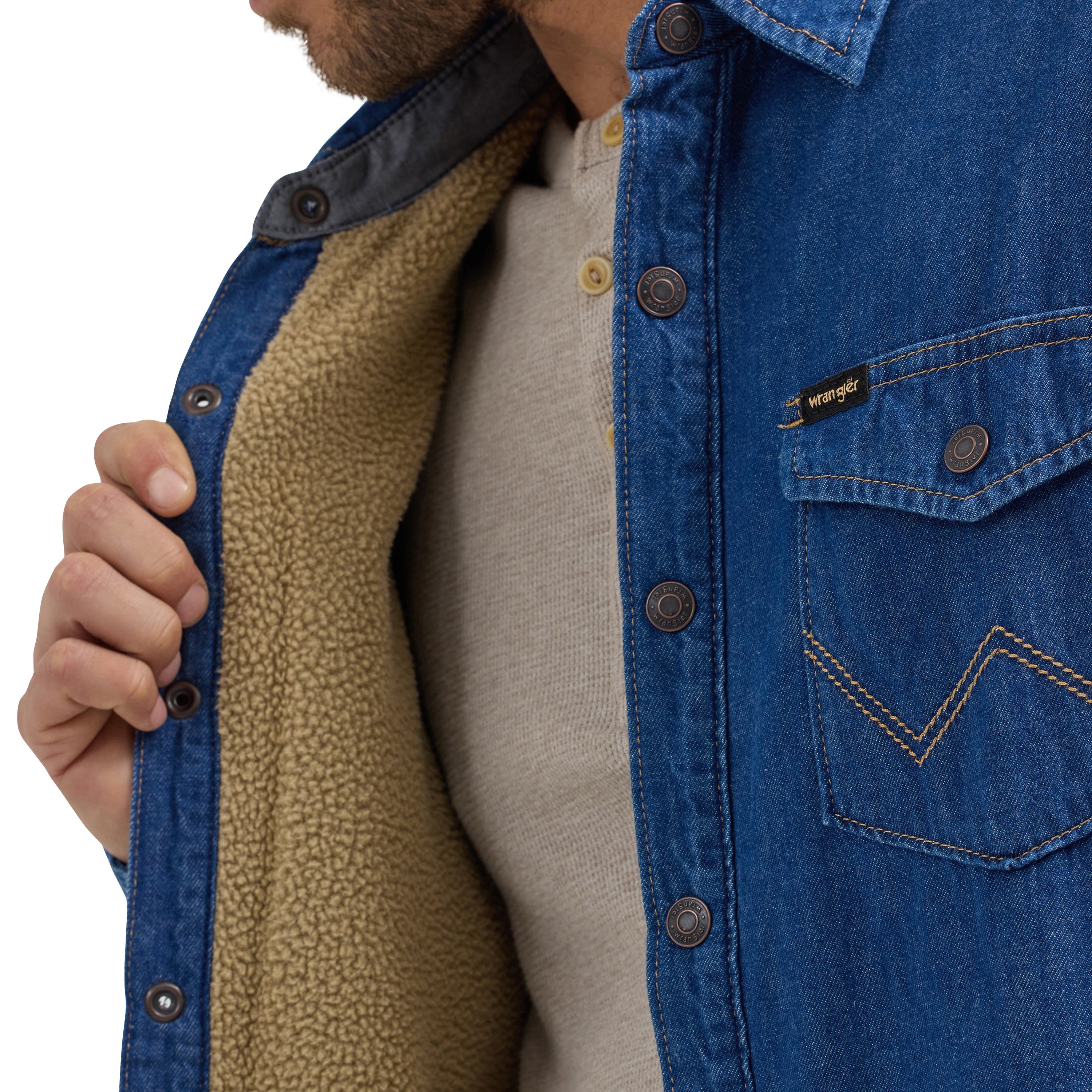 Chamarra de trabajo de mezclilla resistente Wrangler para hombre en lavado medio con aislamiento (Talla grande) 112358648-L