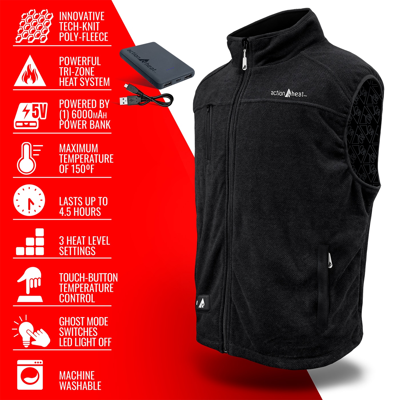 Chaleco térmico de poliéster negro para hombres de ActionHeat en talla 3XL