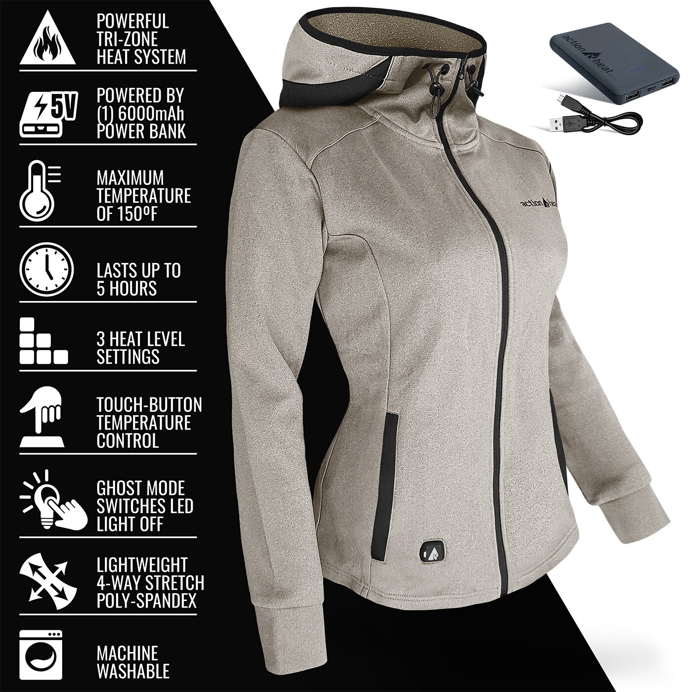 Chamarra Térmica con Capucha de Peso Medio para Mujer ActionHeat Antarctica Blanca (Talla S) Incluye Batería