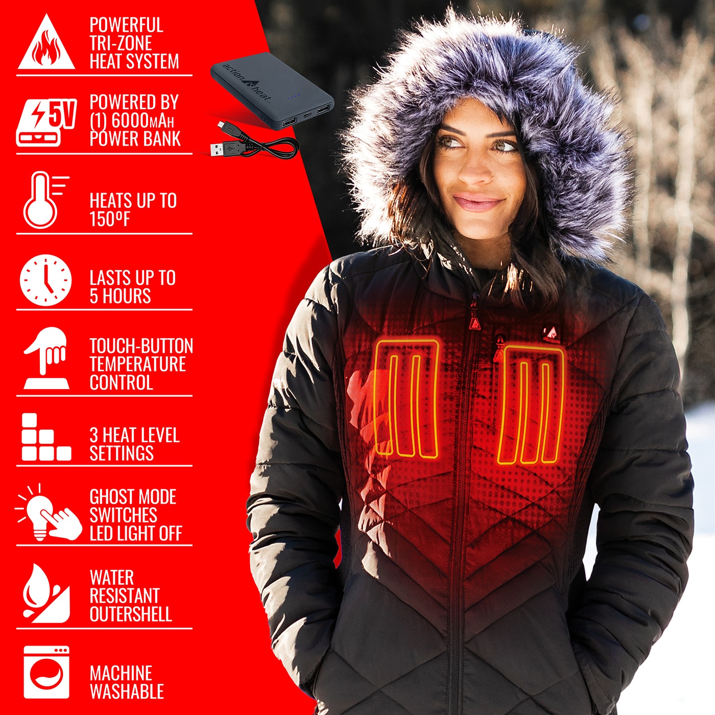 Chamarra térmica y acolchada para mujer en negro con capucha y peso pesado de ActionHeat (Grande)
