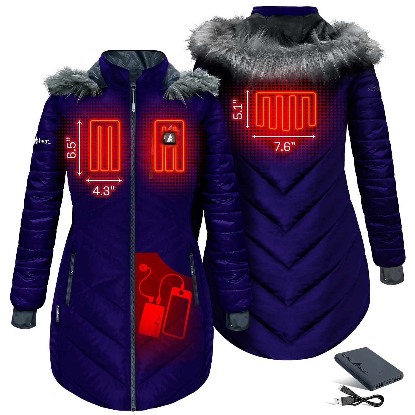 Chamarra de Invierno con Calefacción para Mujer en Indigo de Peso Pesado con Capucha (Grande)