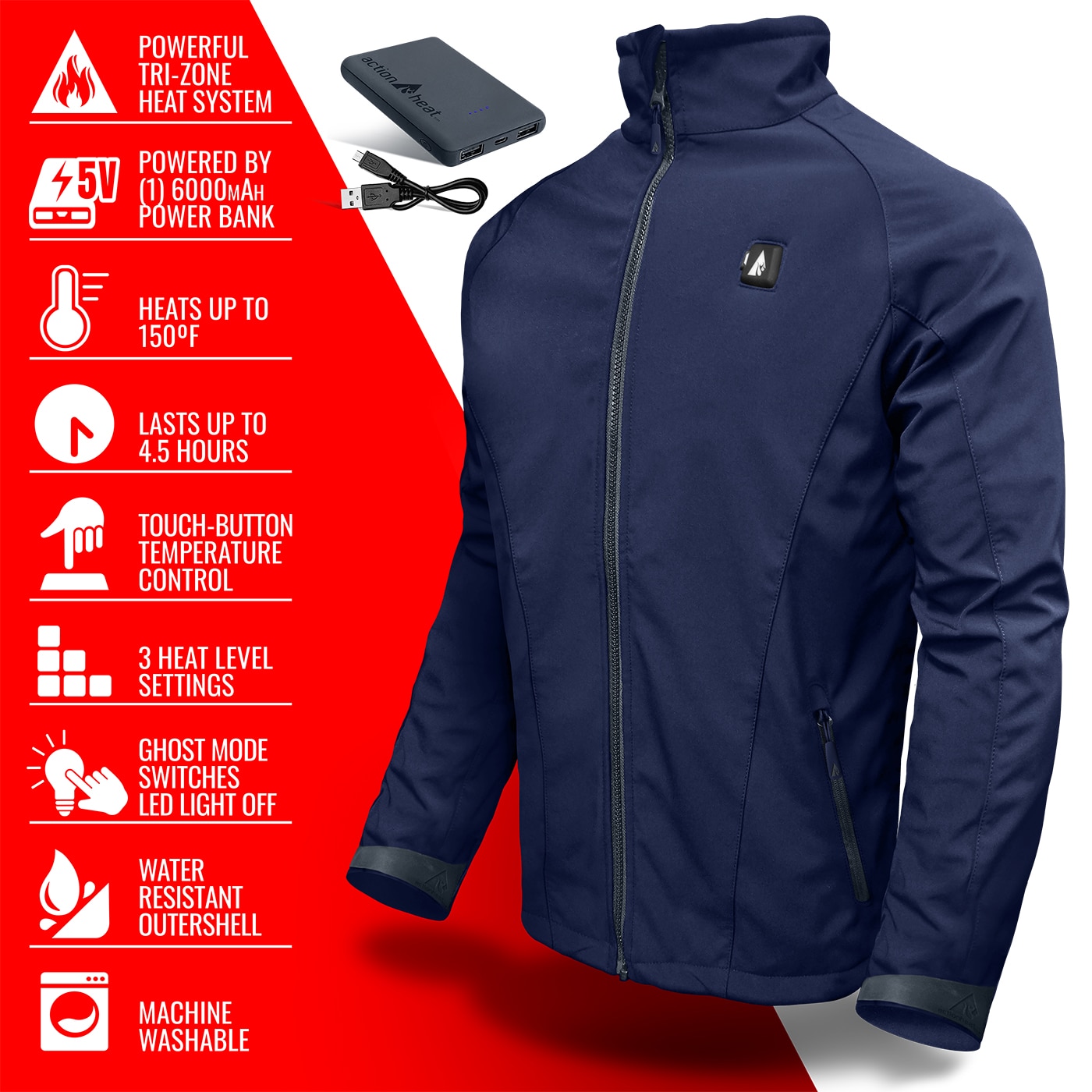 Chamarra térmica mediana para hombre en color azul marino marca ActionHeat (Mediana) Batería incluida AH-JKT-5V-M-N-M