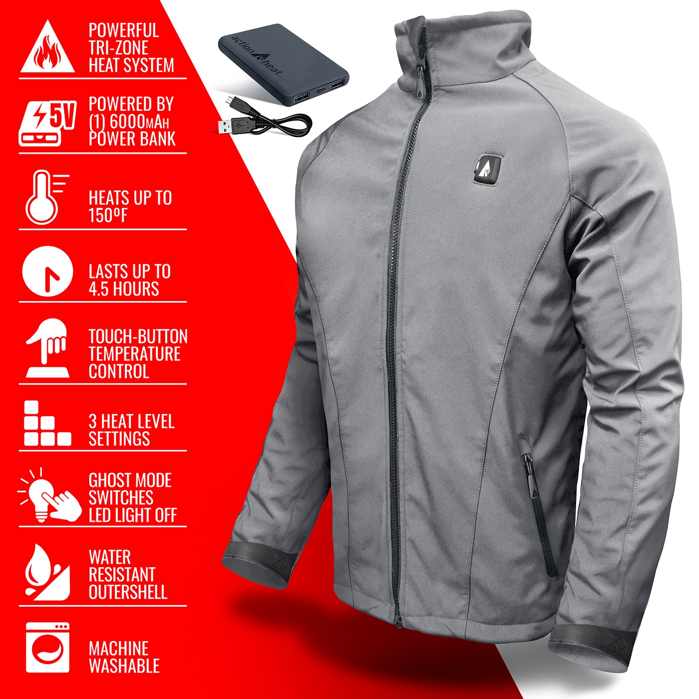 Chamarra térmica gris de peso medio para hombres de ActionHeat con tecnología Sharkshin (mediana) - Batería incluida