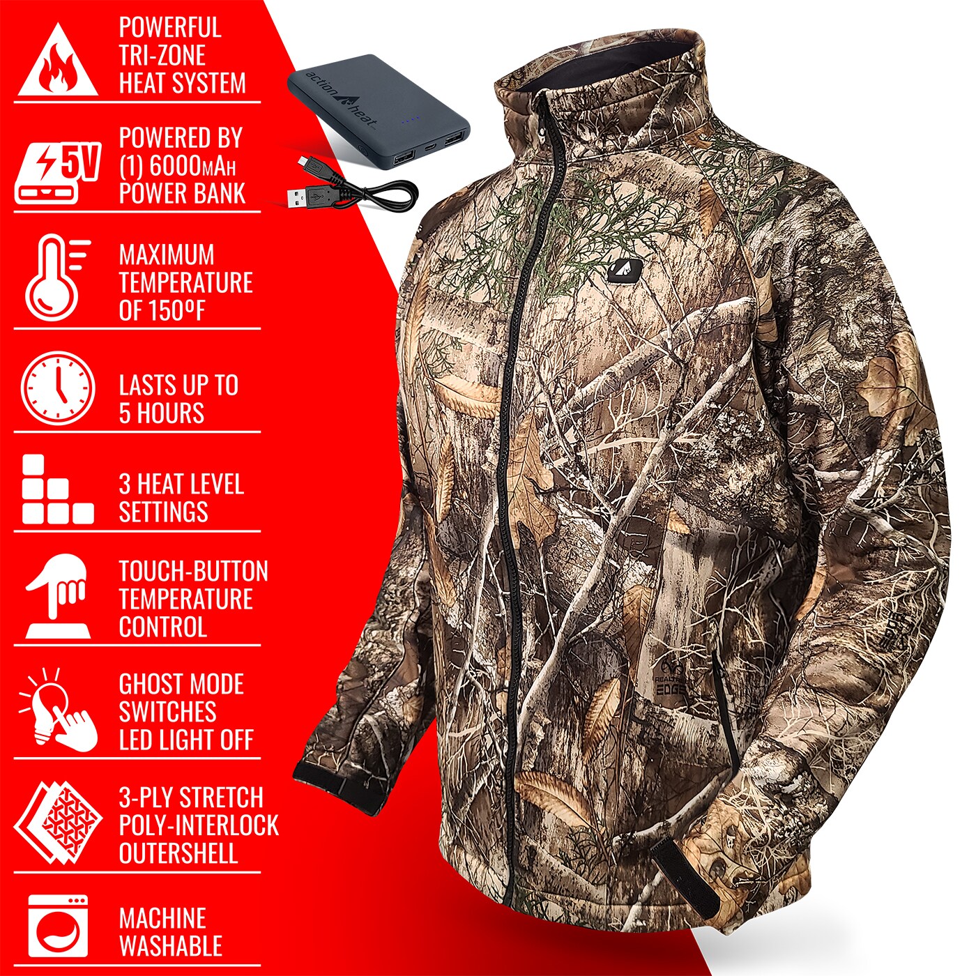 Chamarra térmica con estampado de camuflaje Real Tree para hombre de ActionHeat (Talla Mediana) Incluye batería AH-JKT-5V-M-C-M.