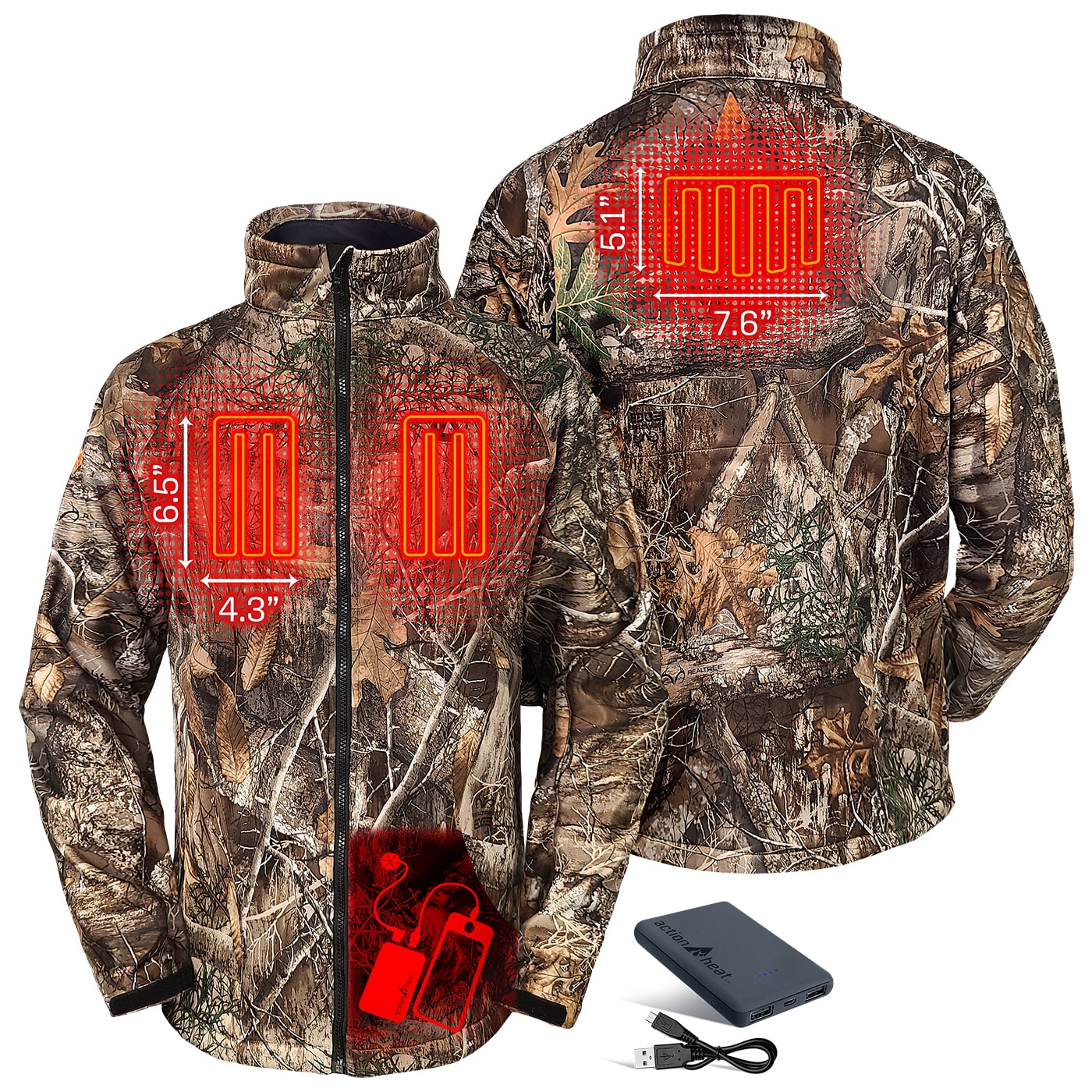 Chamarra térmica con estampado de camuflaje Real Tree para hombre de ActionHeat (Talla Mediana) Incluye batería AH-JKT-5V-M-C-M.