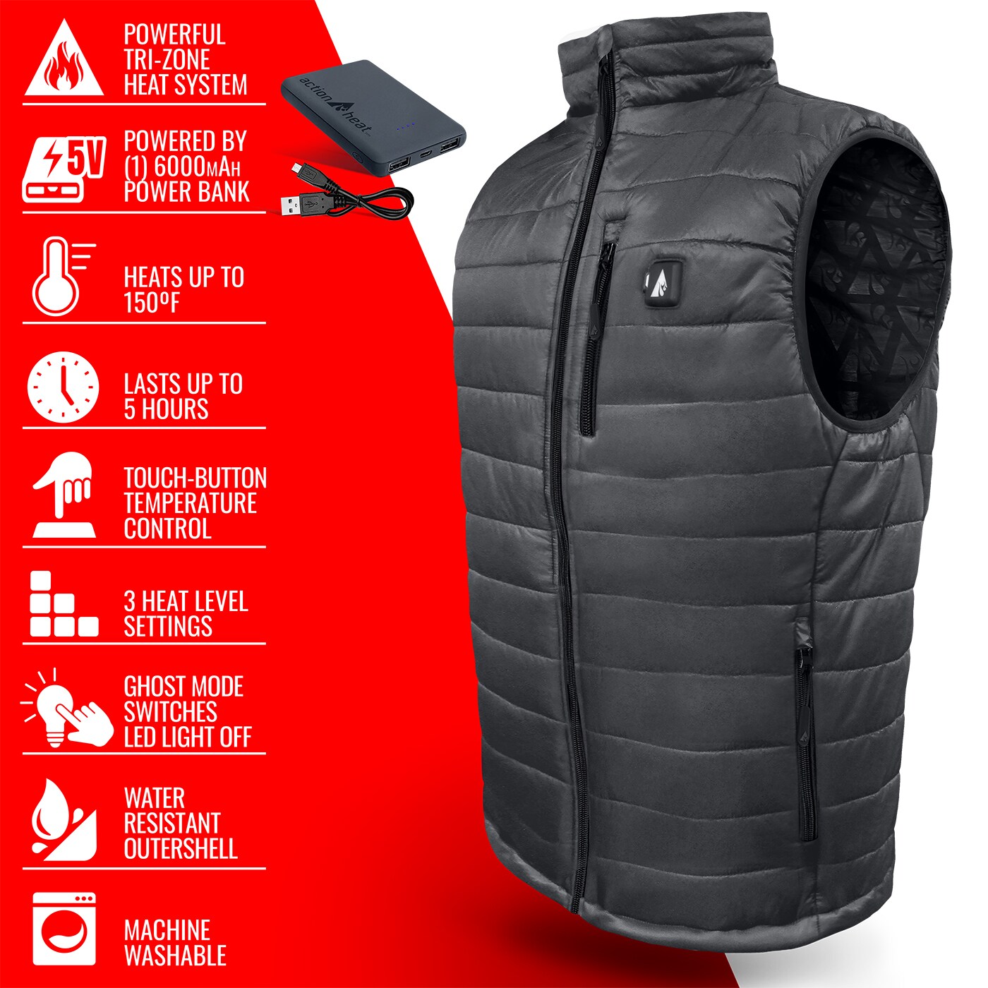 Chaleco térmico de poliéster gris para hombre de ActionHeat talla mediana