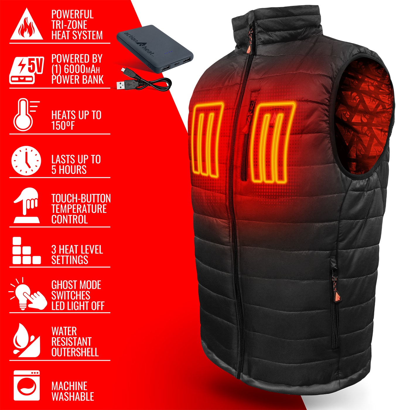 Chaleco térmico de poliéster negro para hombre de ActionHeat tamaño mediano AH-PVST-5V-M-B-M