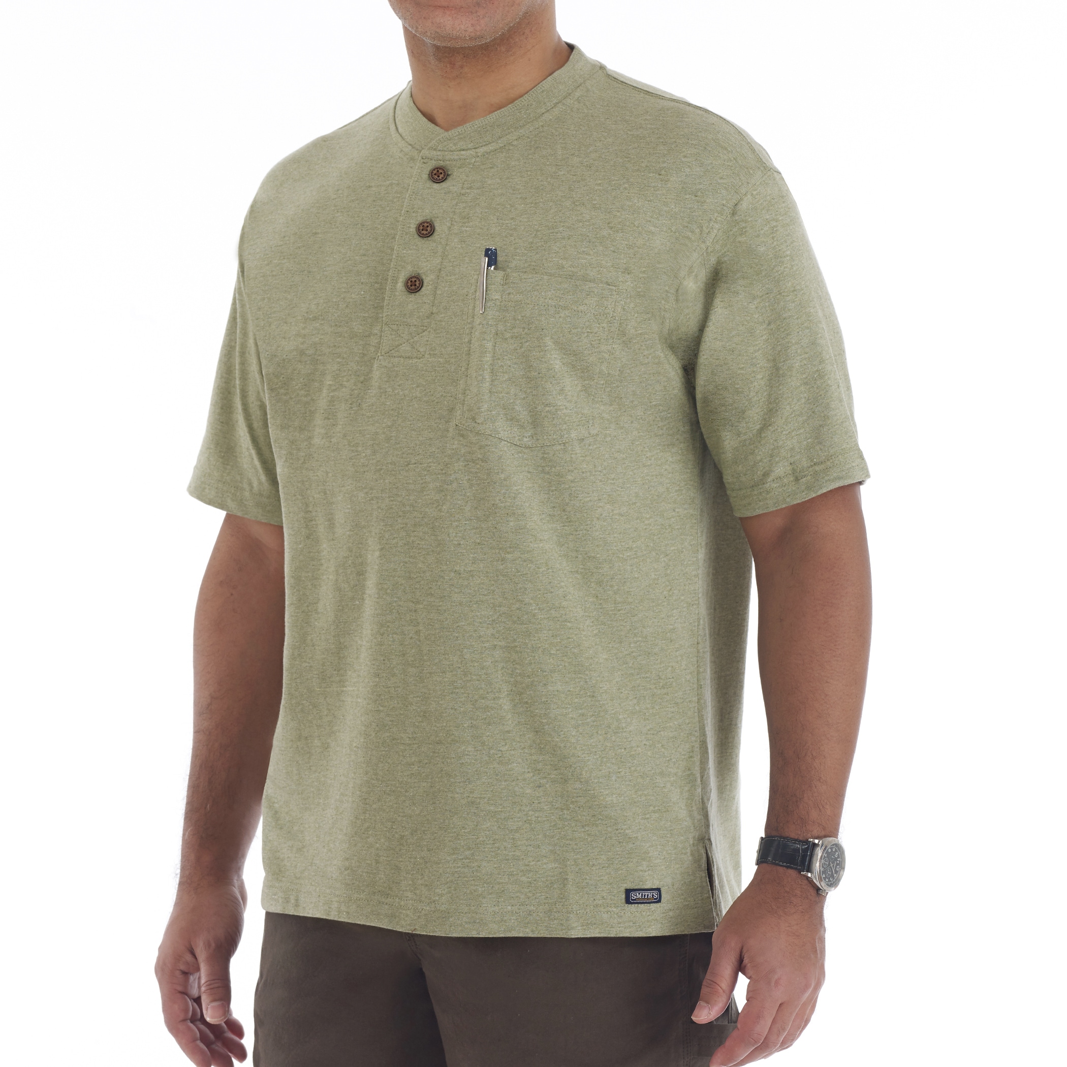 Playera de manga corta Henley sólida verde para hombre de Smith's Workwear (2XL)