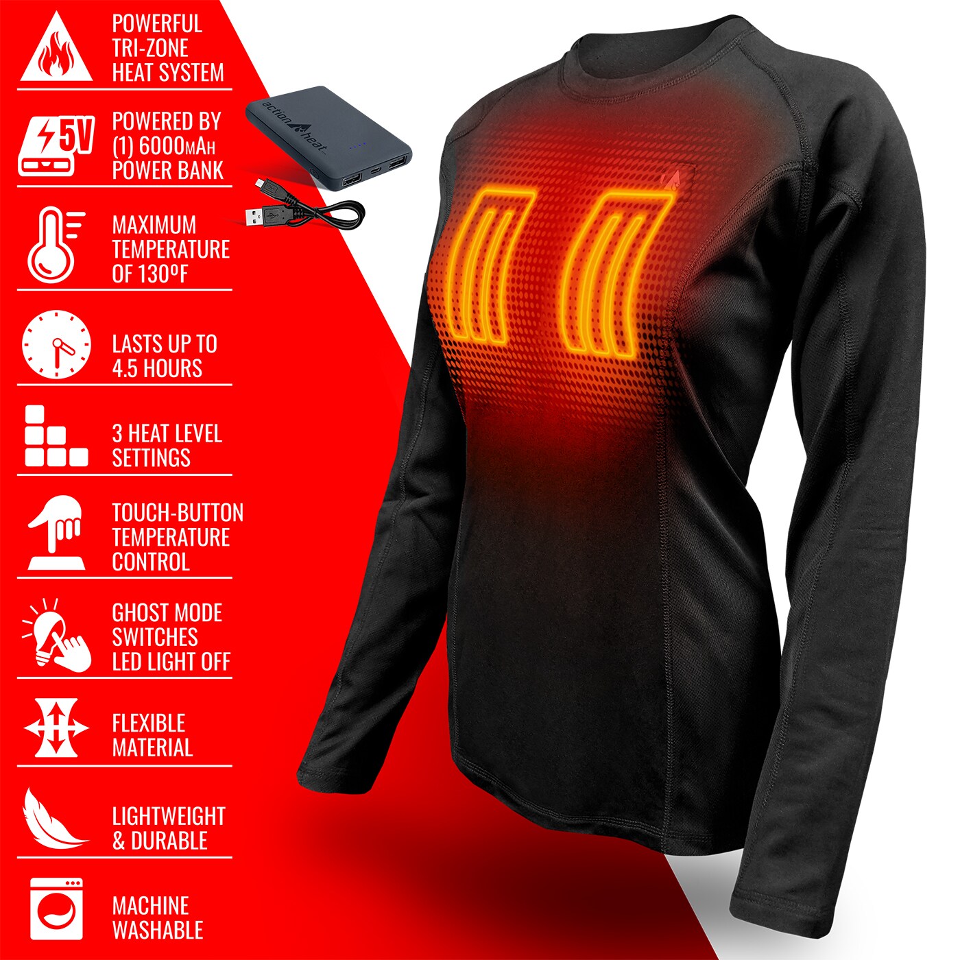 Playera térmica de manga larga negra para mujeres de ActionHeat (Grande)