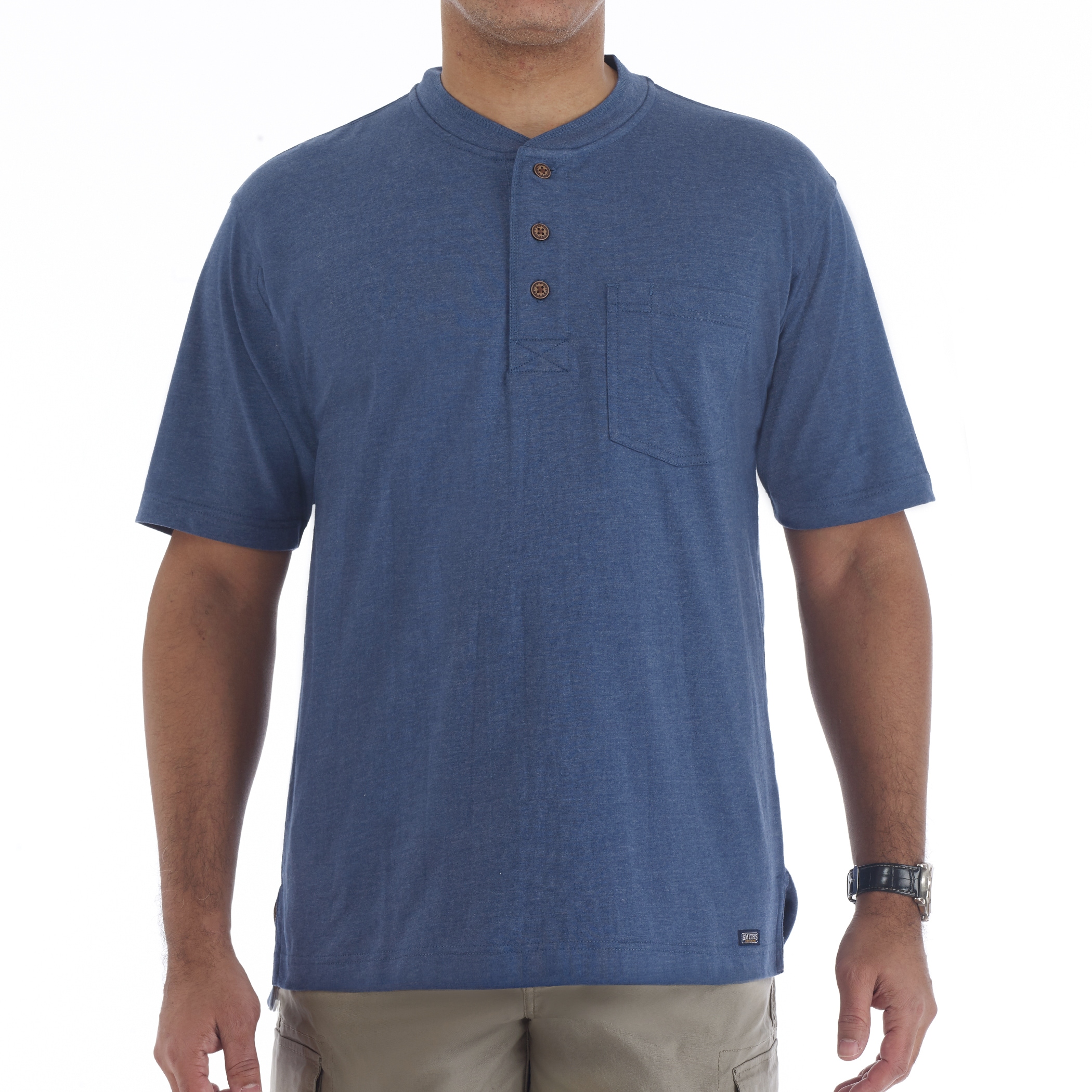 Playera tipo Henley de manga corta en color azul para hombre de Smith's Workwear (Talla Mediana)