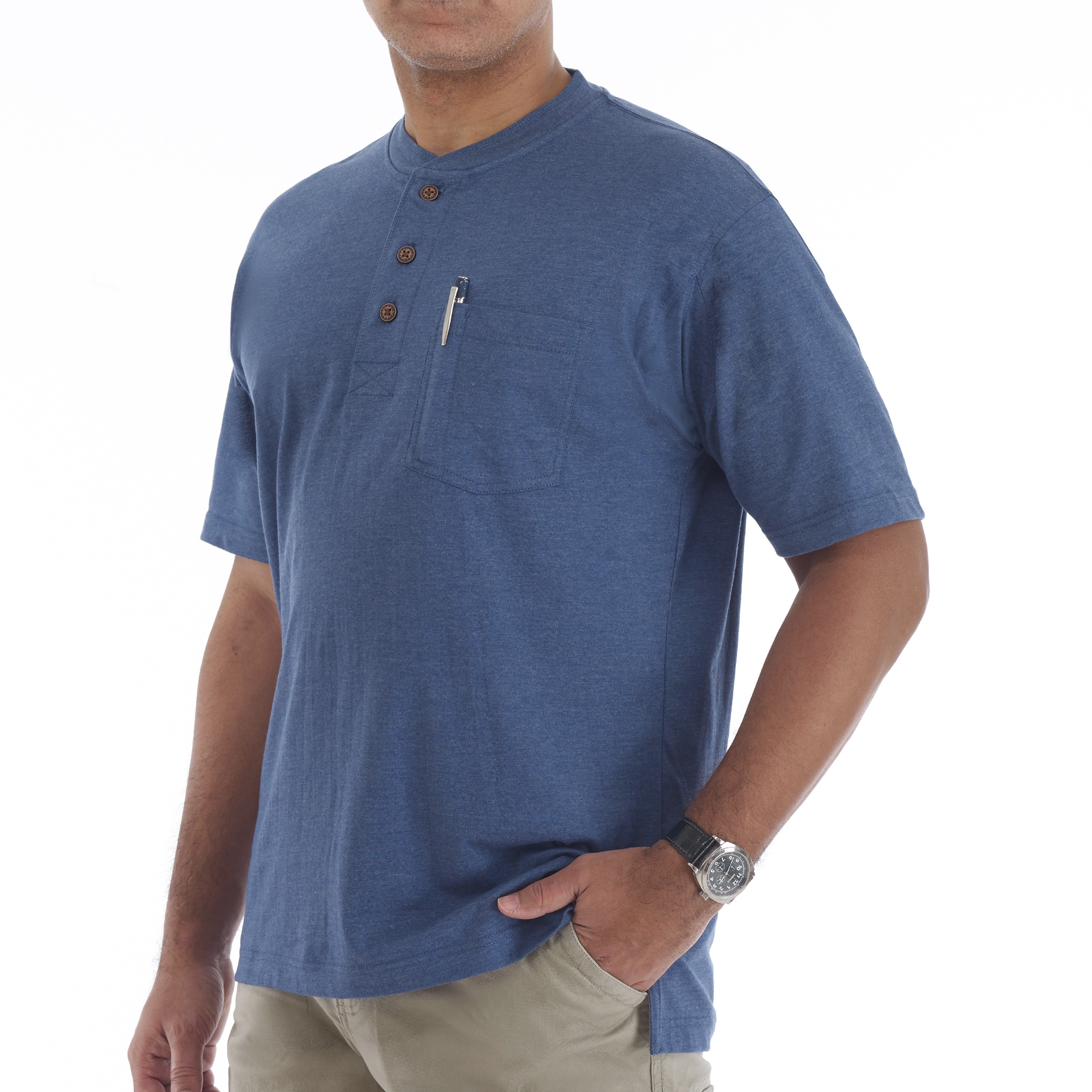 Playera tipo Henley de manga corta en color azul para hombre de Smith's Workwear (Talla Mediana)