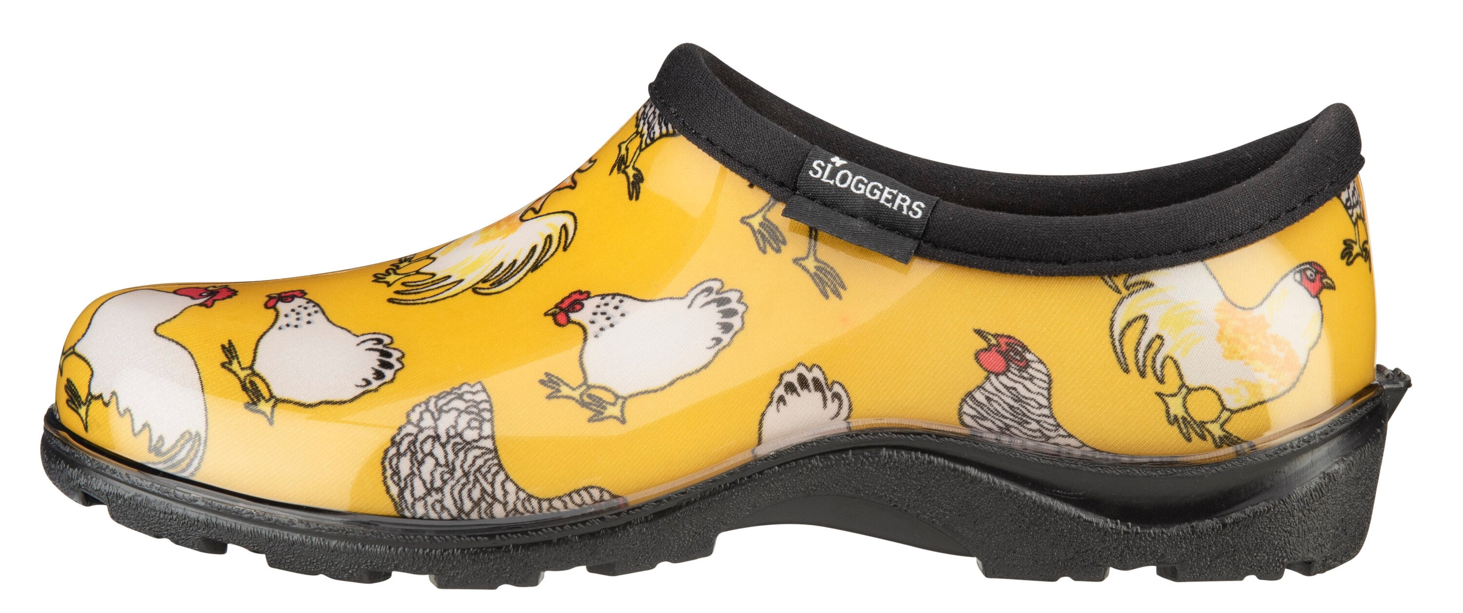 Zapatos impermeables amarillos con estampado de gallinas para mujer, talla 9 mediana.