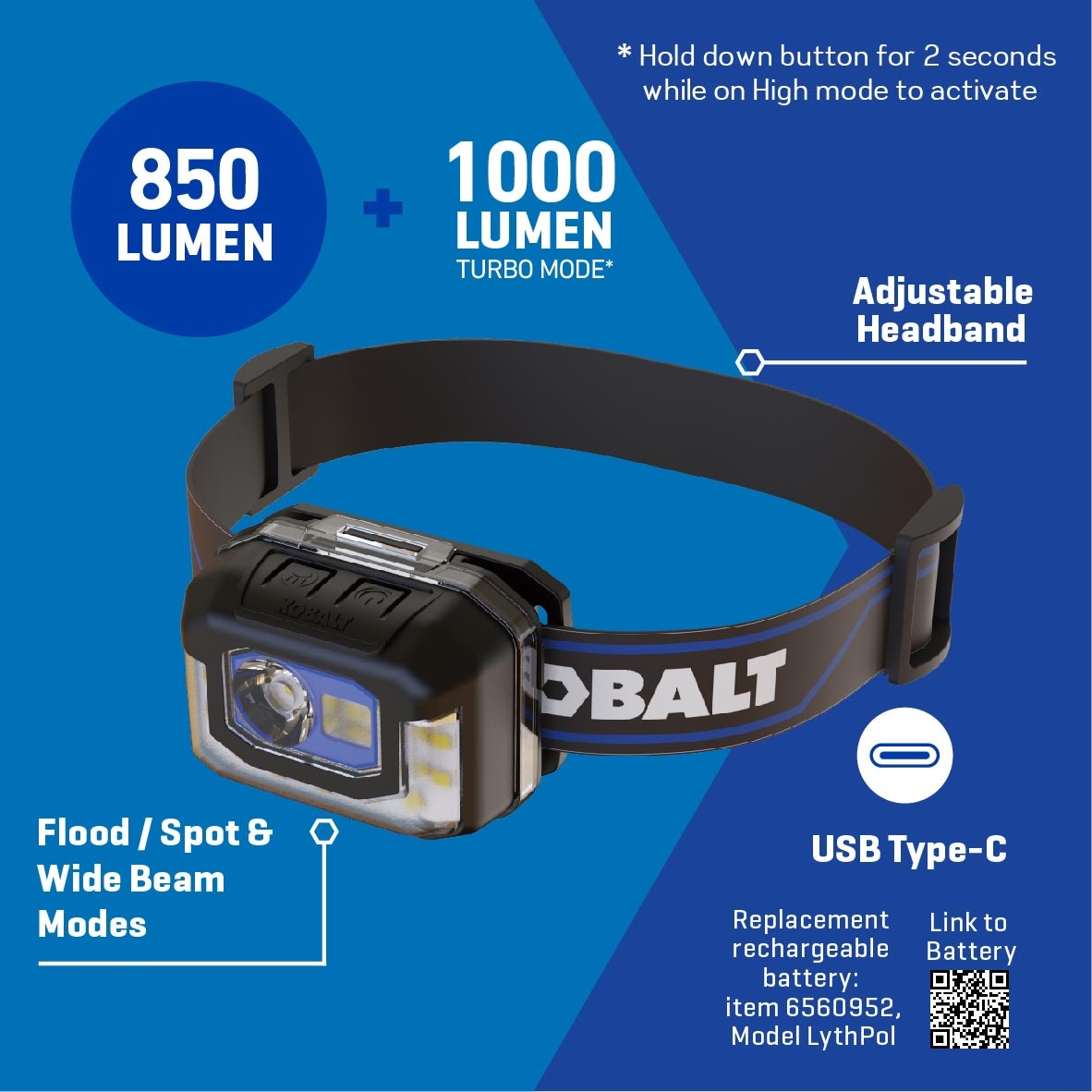 Lámpara frontal LED Kobalt de 850 lúmenes con batería recargable incluida KH850DP