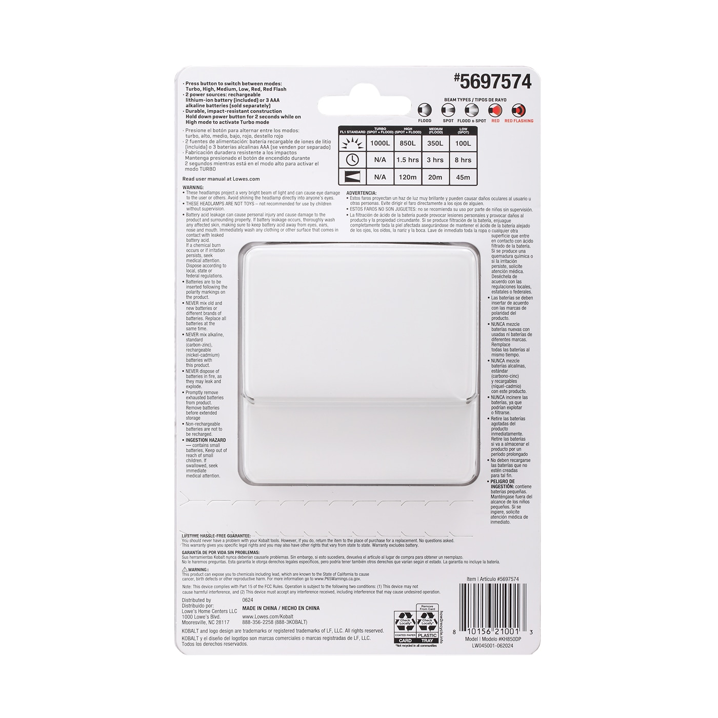 Lámpara frontal LED Kobalt de 850 lúmenes con batería recargable incluida KH850DP