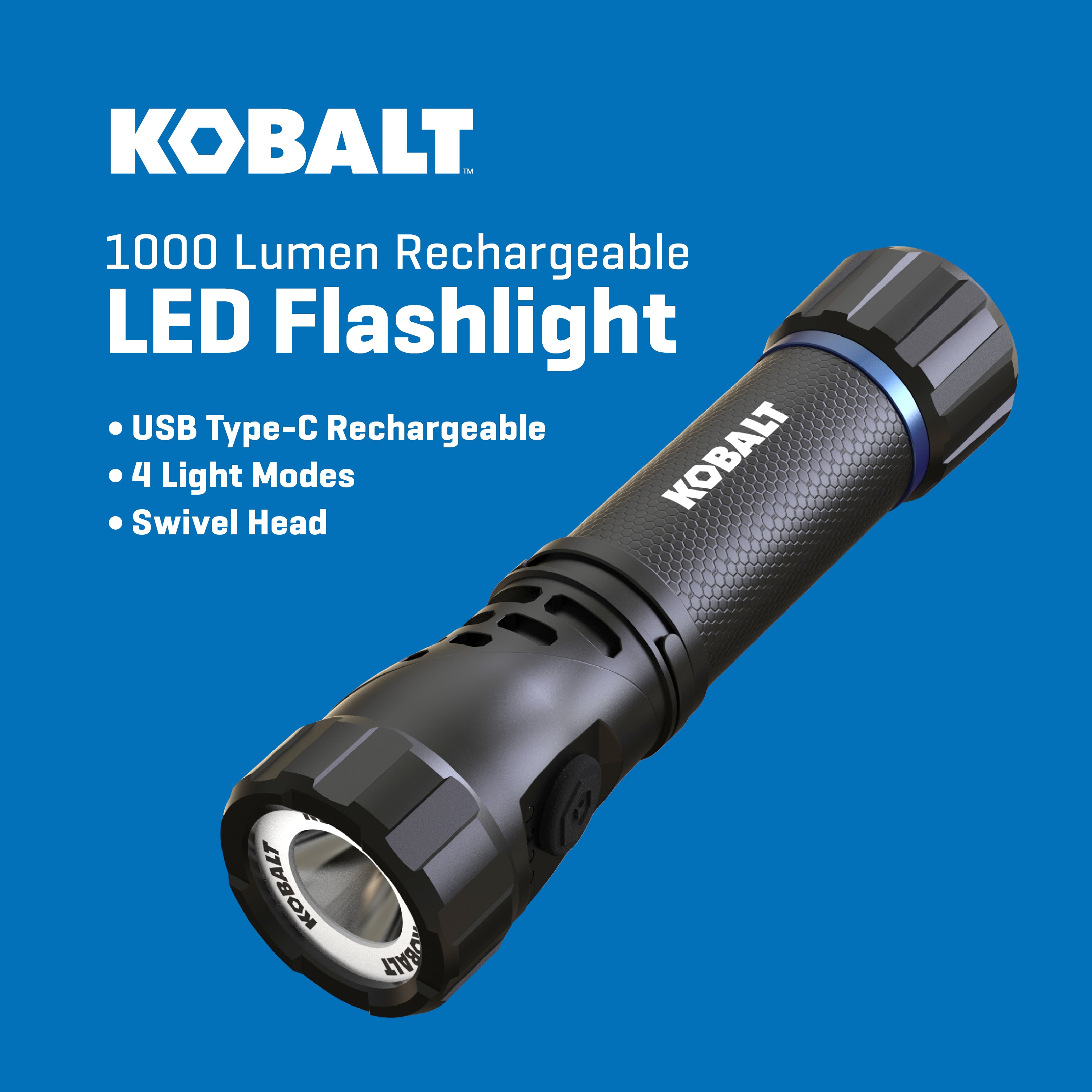 Linterna de mano con luz LED de 1000 lúmenes y 4 modos, incluye baterías recargables Kobalt