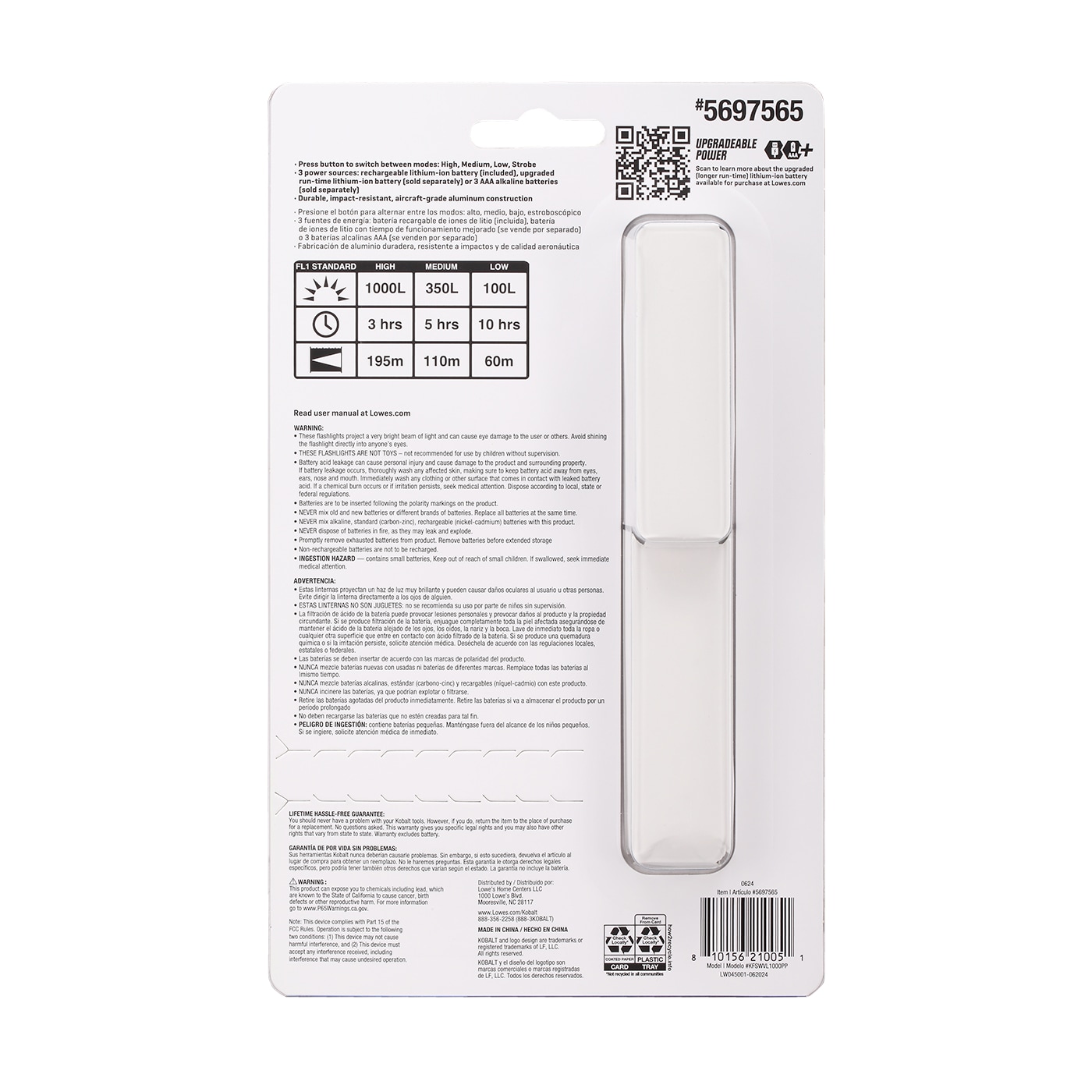 Linterna de mano con luz LED de 1000 lúmenes y 4 modos, incluye baterías recargables Kobalt