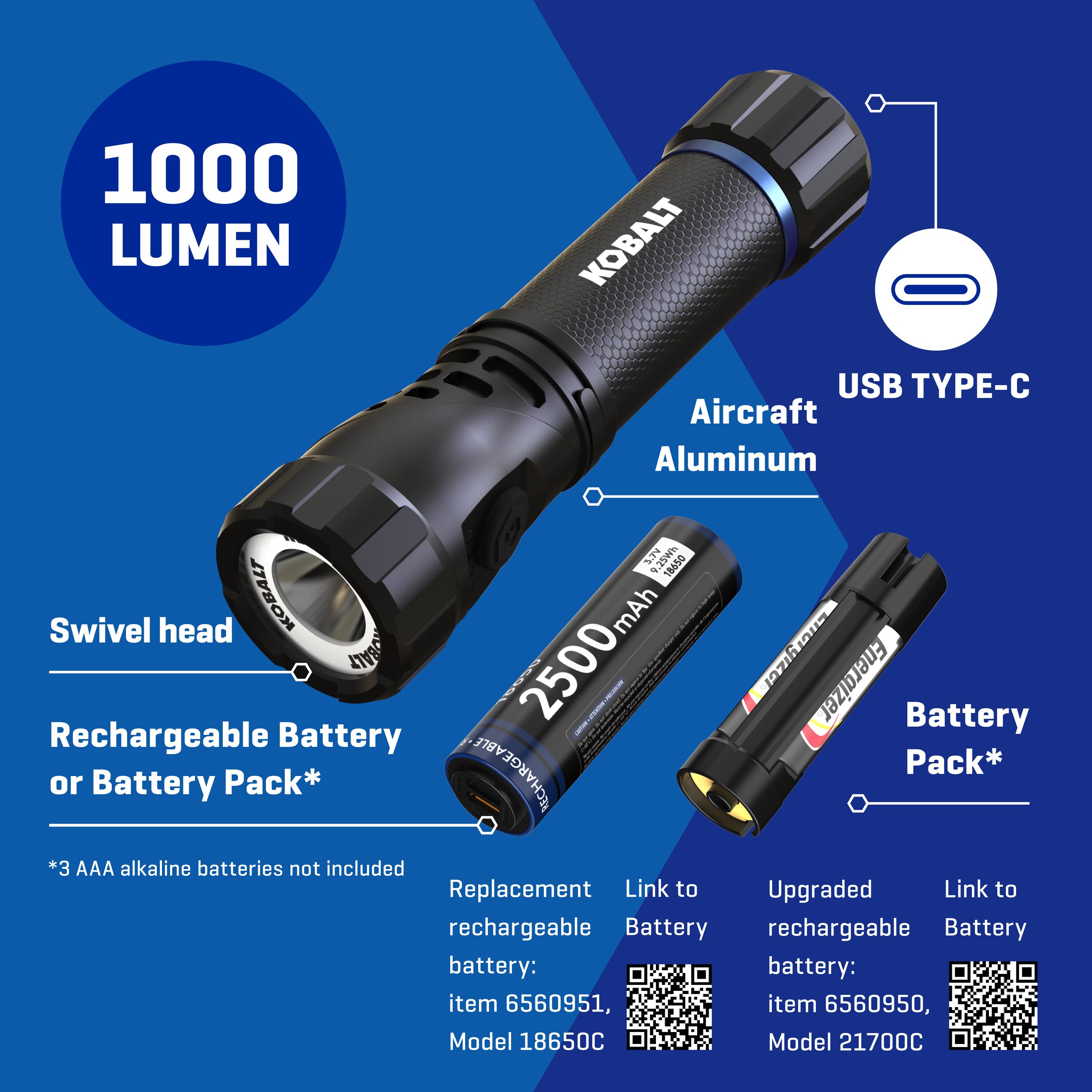 Linterna de mano con luz LED de 1000 lúmenes y 4 modos, incluye baterías recargables Kobalt