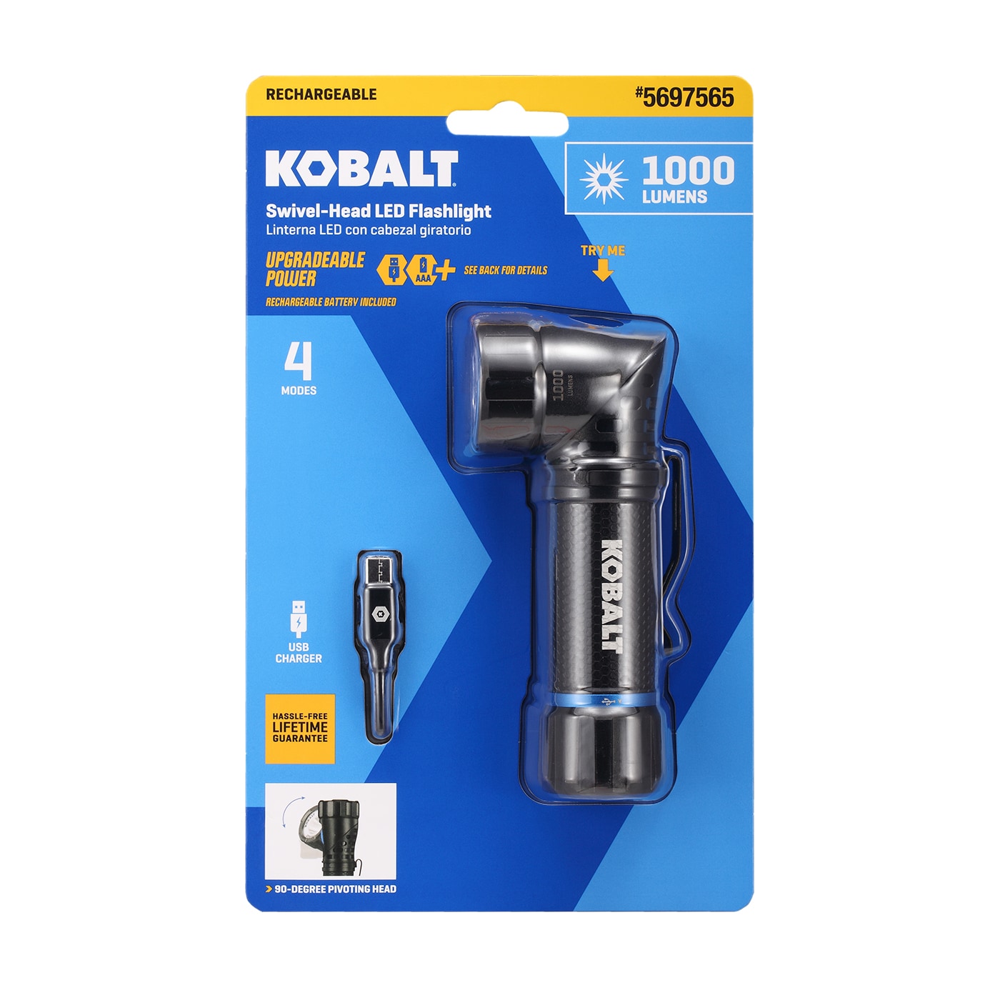 Linterna de mano con luz LED de 1000 lúmenes y 4 modos, incluye baterías recargables Kobalt