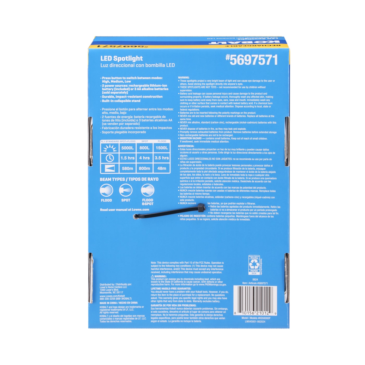 Linterna de enfoque LED Kobalt de 5000 lúmenes con 3 modos y baterías recargables incluidas KS5000DP