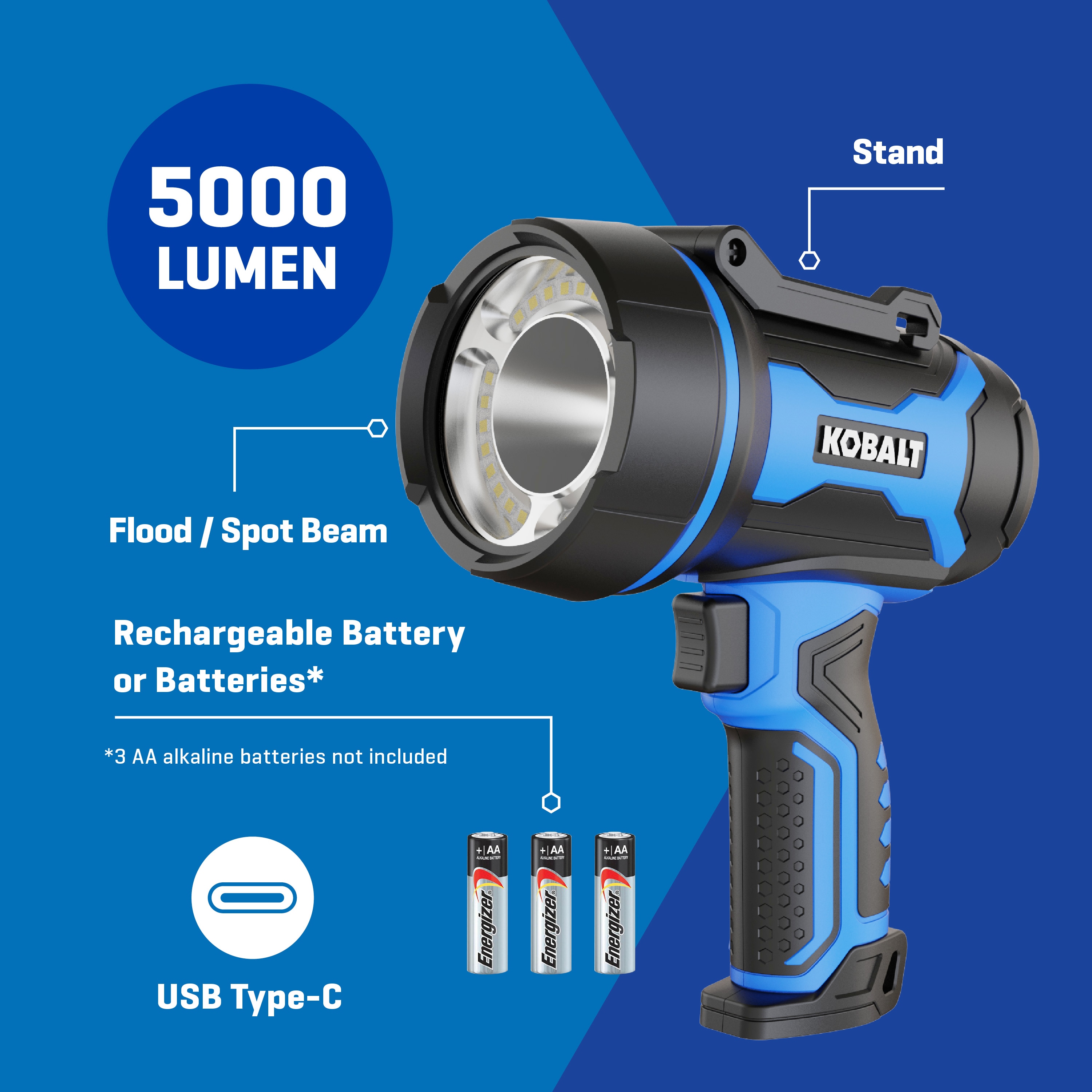 Linterna de enfoque LED Kobalt de 5000 lúmenes con 3 modos y baterías recargables incluidas KS5000DP