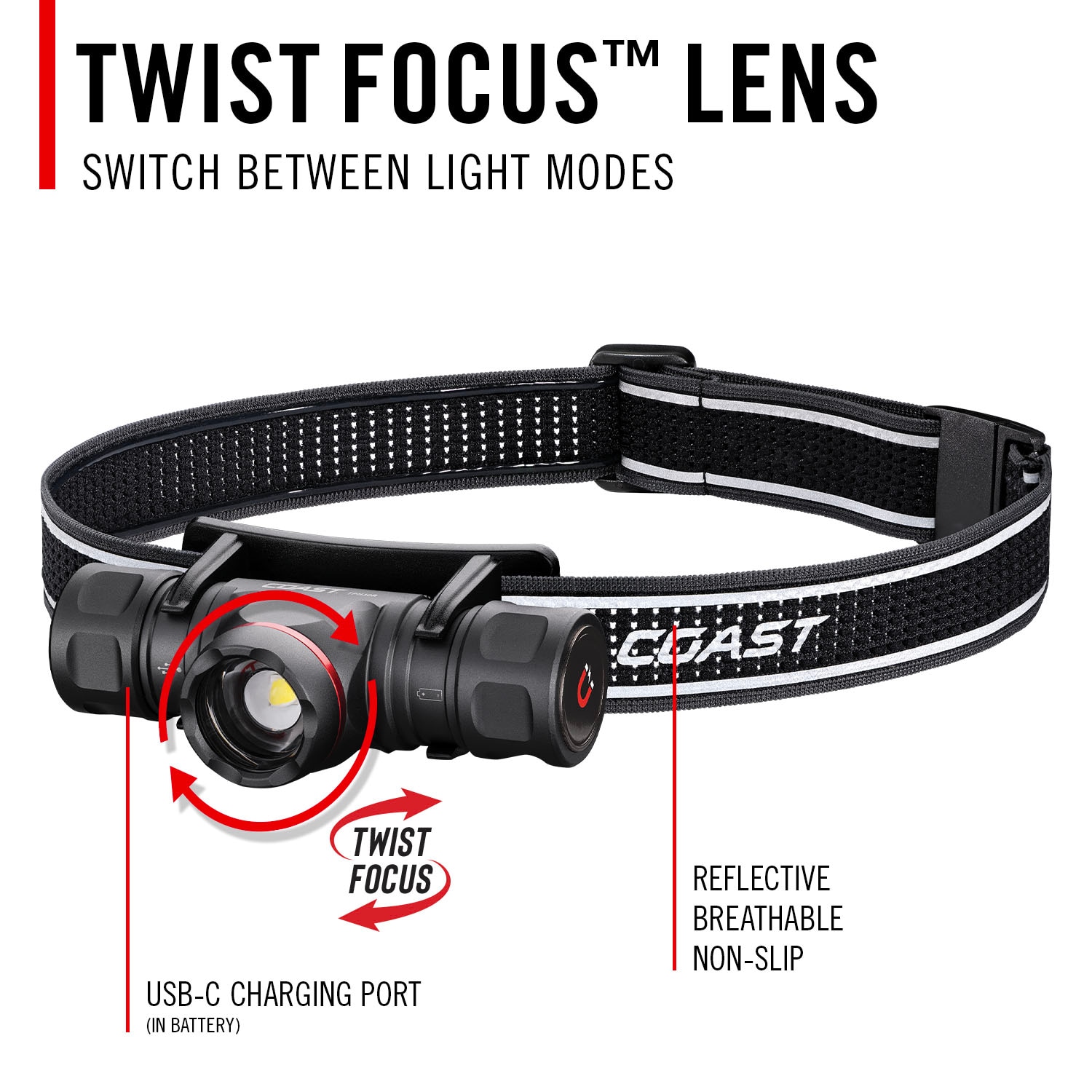 Lámpara frontal LED Coast TPH30R de 1500 lúmenes con batería recargable incluida 31096.