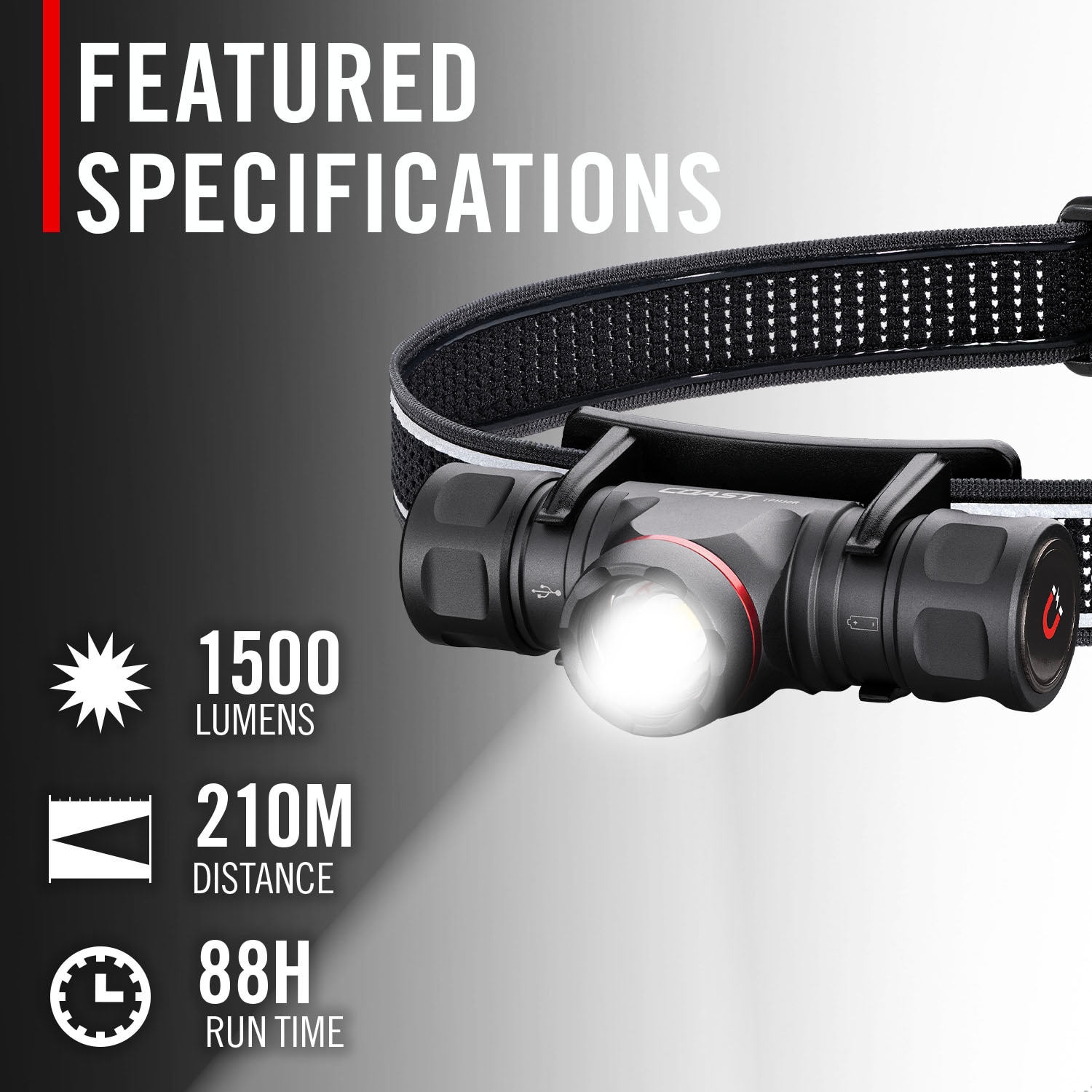 Lámpara frontal LED Coast TPH30R de 1500 lúmenes con batería recargable incluida 31096.