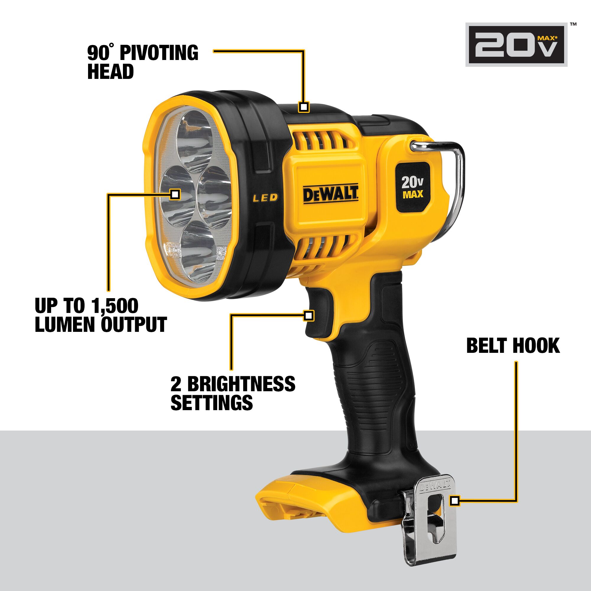 Linterna recargable de herramienta eléctrica sin cable DEWALT de 20 voltios máximo de ion de litio (Li-ion) con 1000 lúmenes de LED (solo herramienta) DCL043.