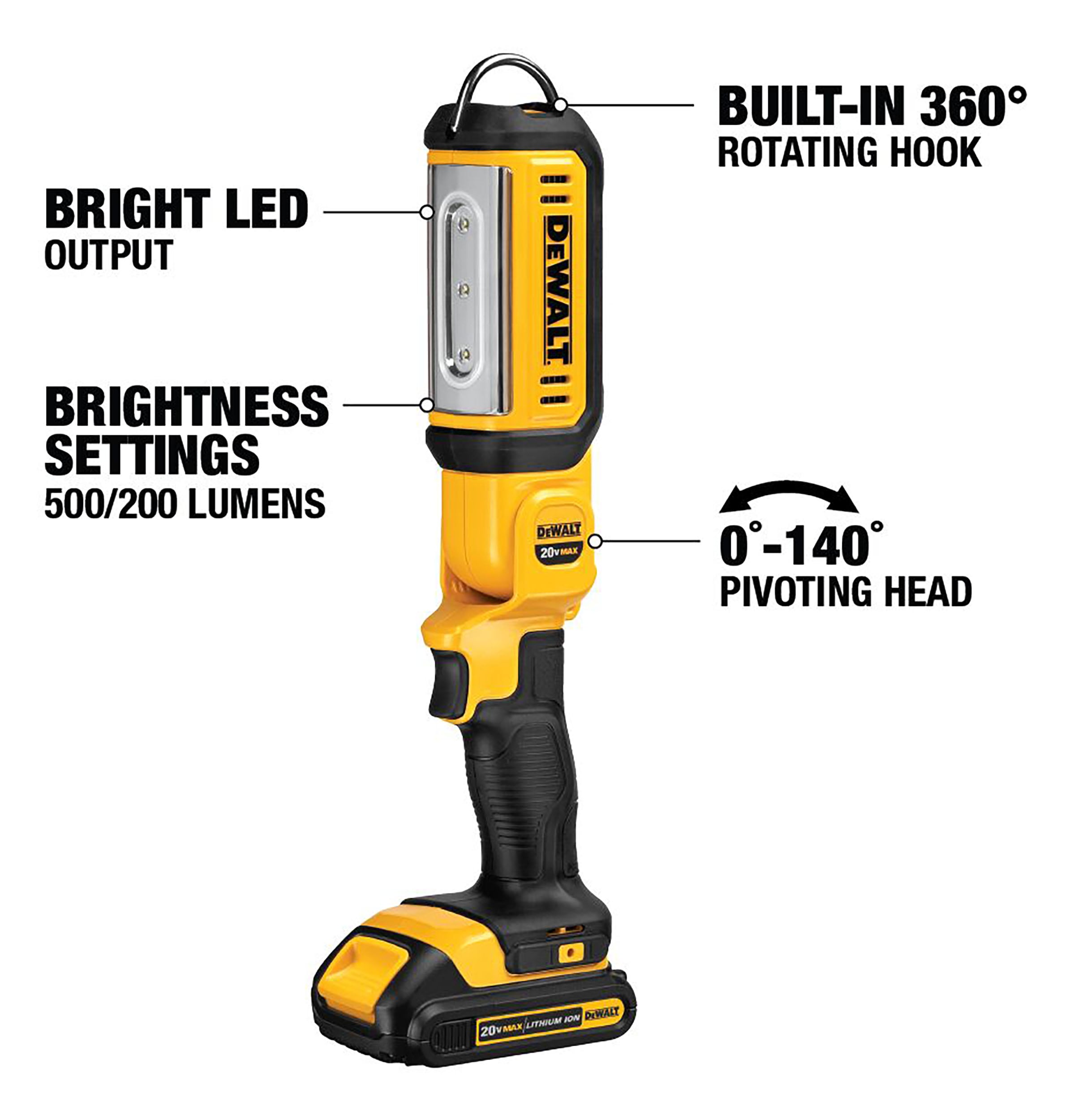Linterna recargable de herramienta eléctrica inalámbrica DEWALT de 500 lúmenes con batería de iones de litio de 20 voltios máximo (Solo herramienta) DCL050