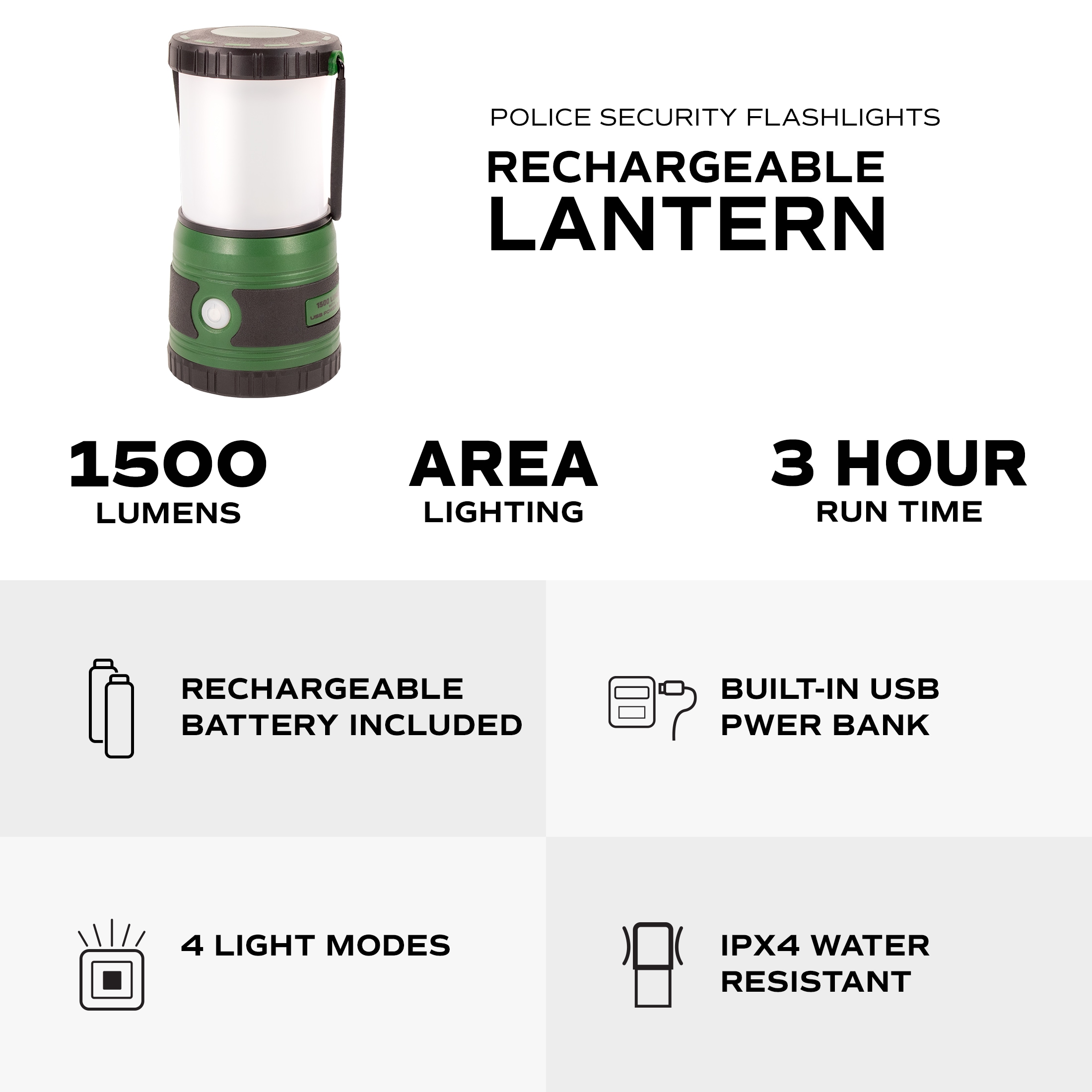 Linterna para acampar LED Police Security de 1500 lúmenes (Recargable) con baterías incluidas 97719