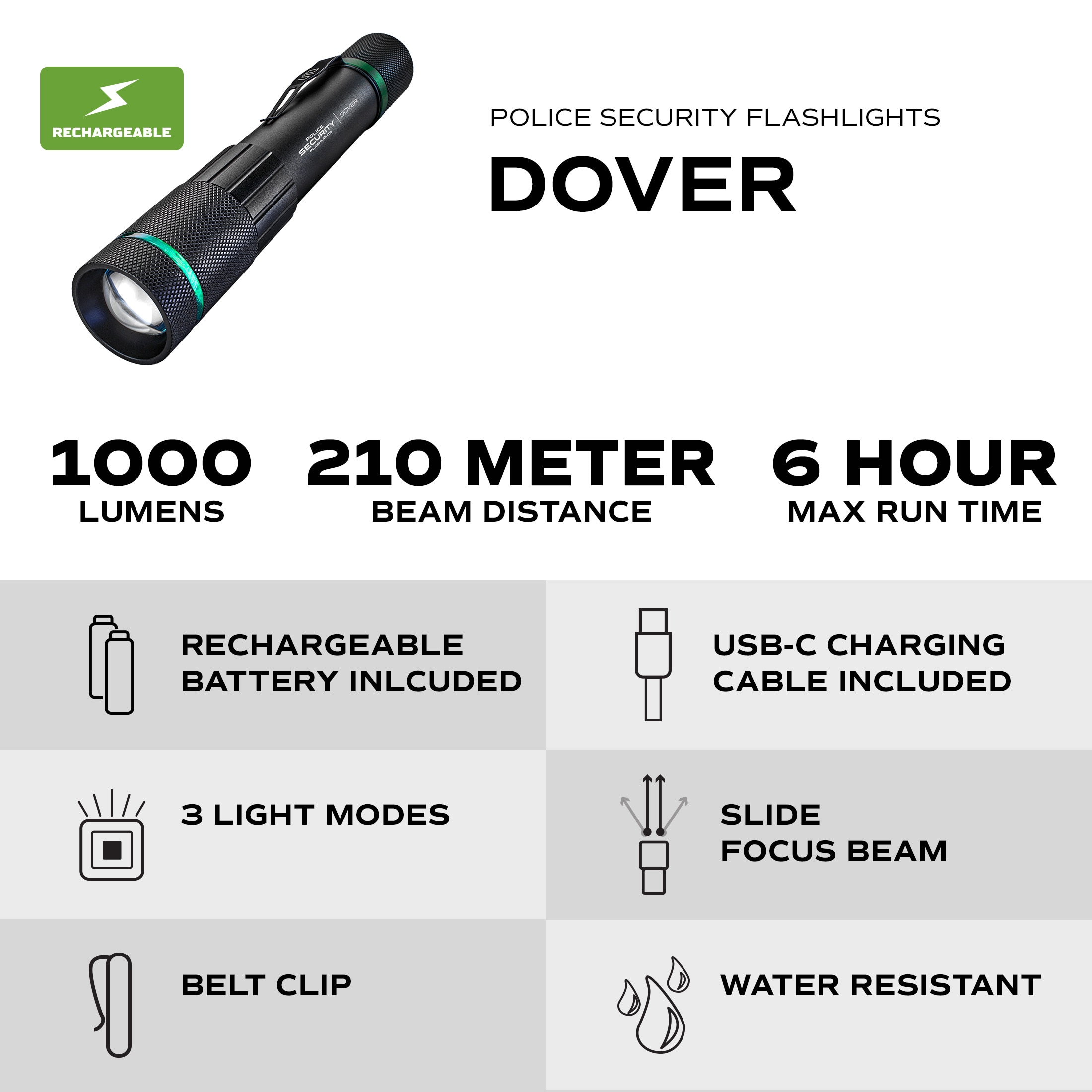 Linterna LED Police Security Dover de 1000 lúmenes con 3 modos y baterías recargables incluidas 98295