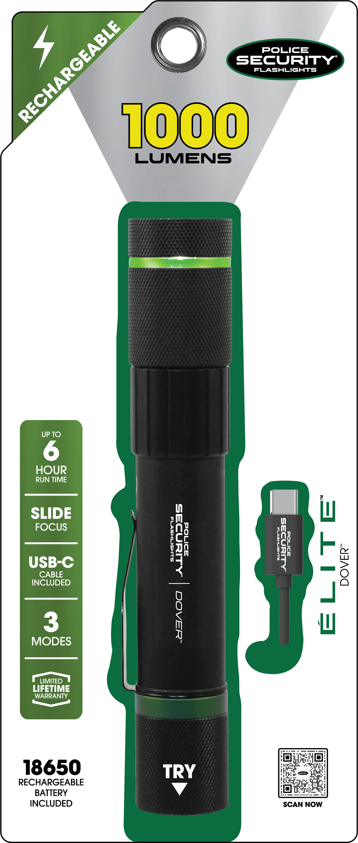 Linterna LED Police Security Dover de 1000 lúmenes con 3 modos y baterías recargables incluidas 98295
