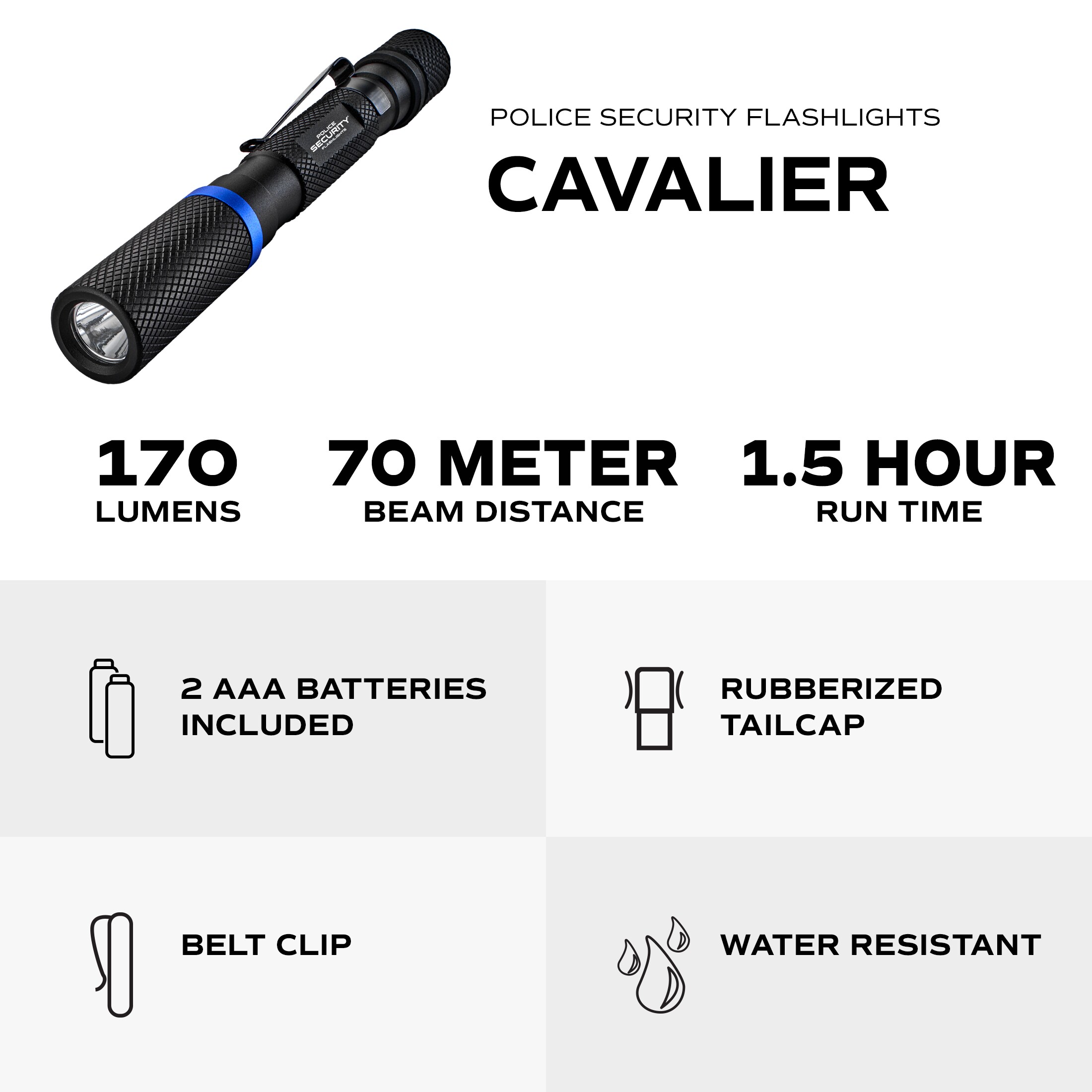 Linterna LED Police Security Cavalier de 100 lúmenes con 2 modos e incluye baterías 98658