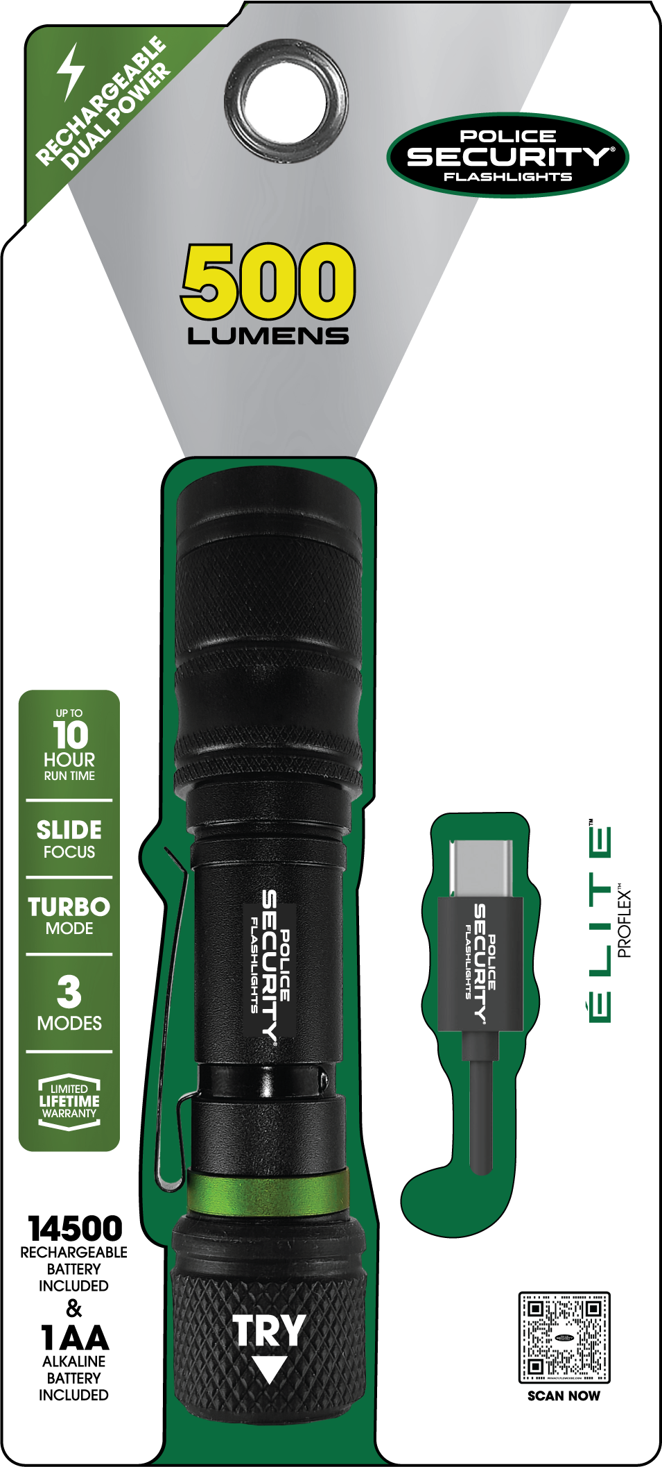 Linterna LED Police Security ProFlex Dual Power de 500 lúmenes con 4 modos y baterías recargables incluidas 98890