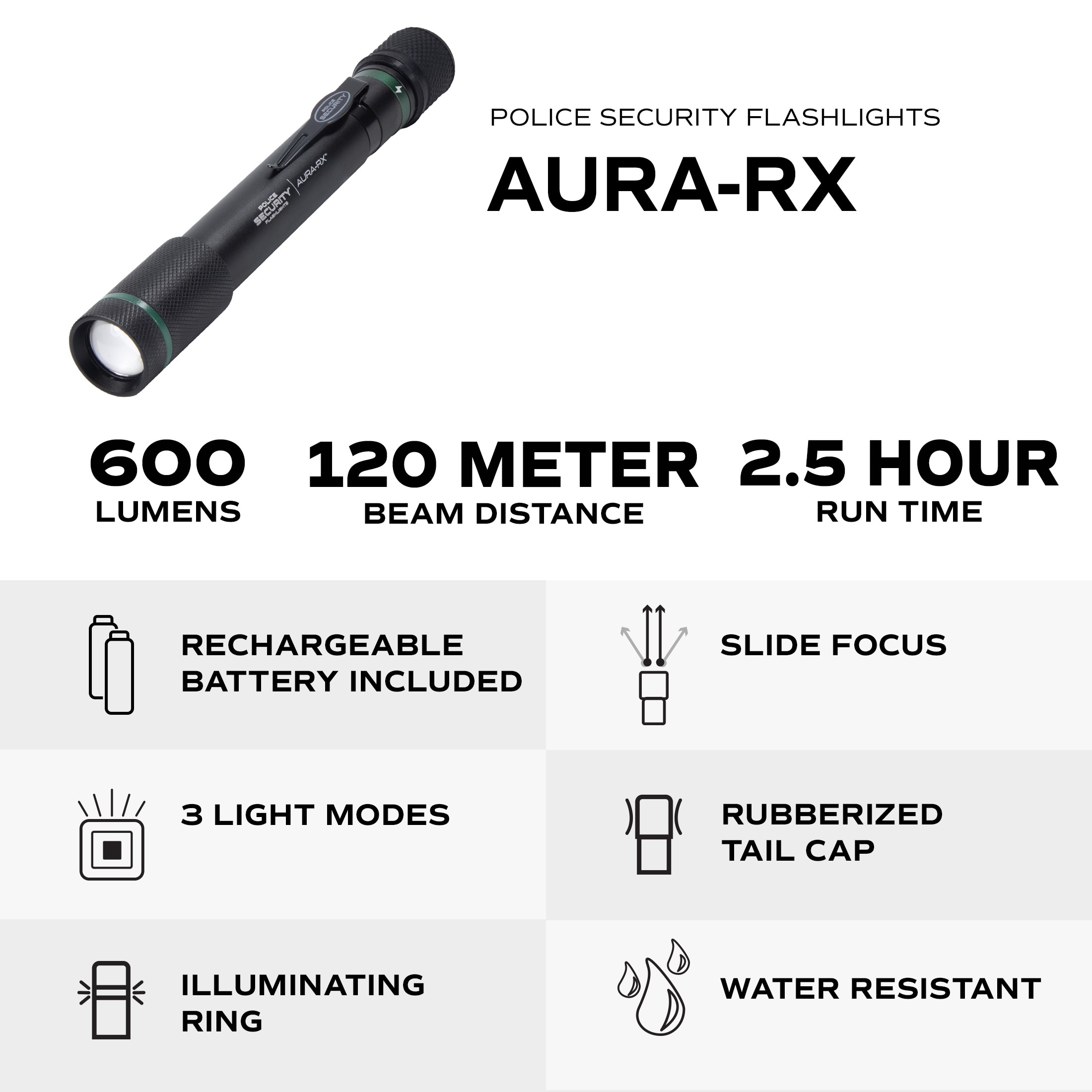 Linterna LED Police Security Aura RX de 600 lúmenes con 3 modos y baterías incluidas 97967