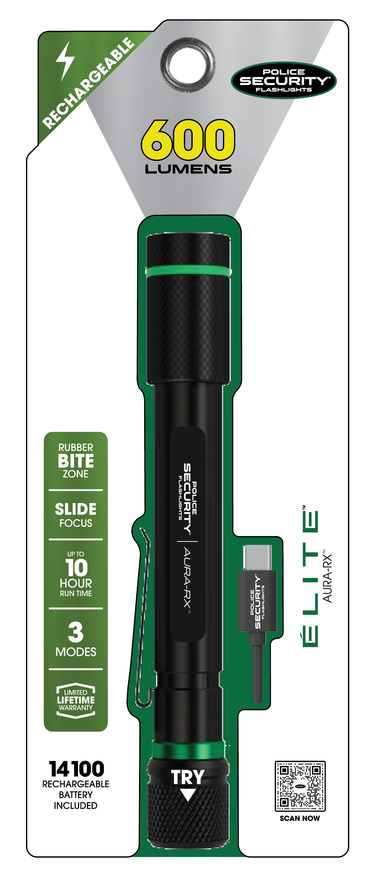 Linterna LED Police Security Aura RX de 600 lúmenes con 3 modos y baterías incluidas 97967