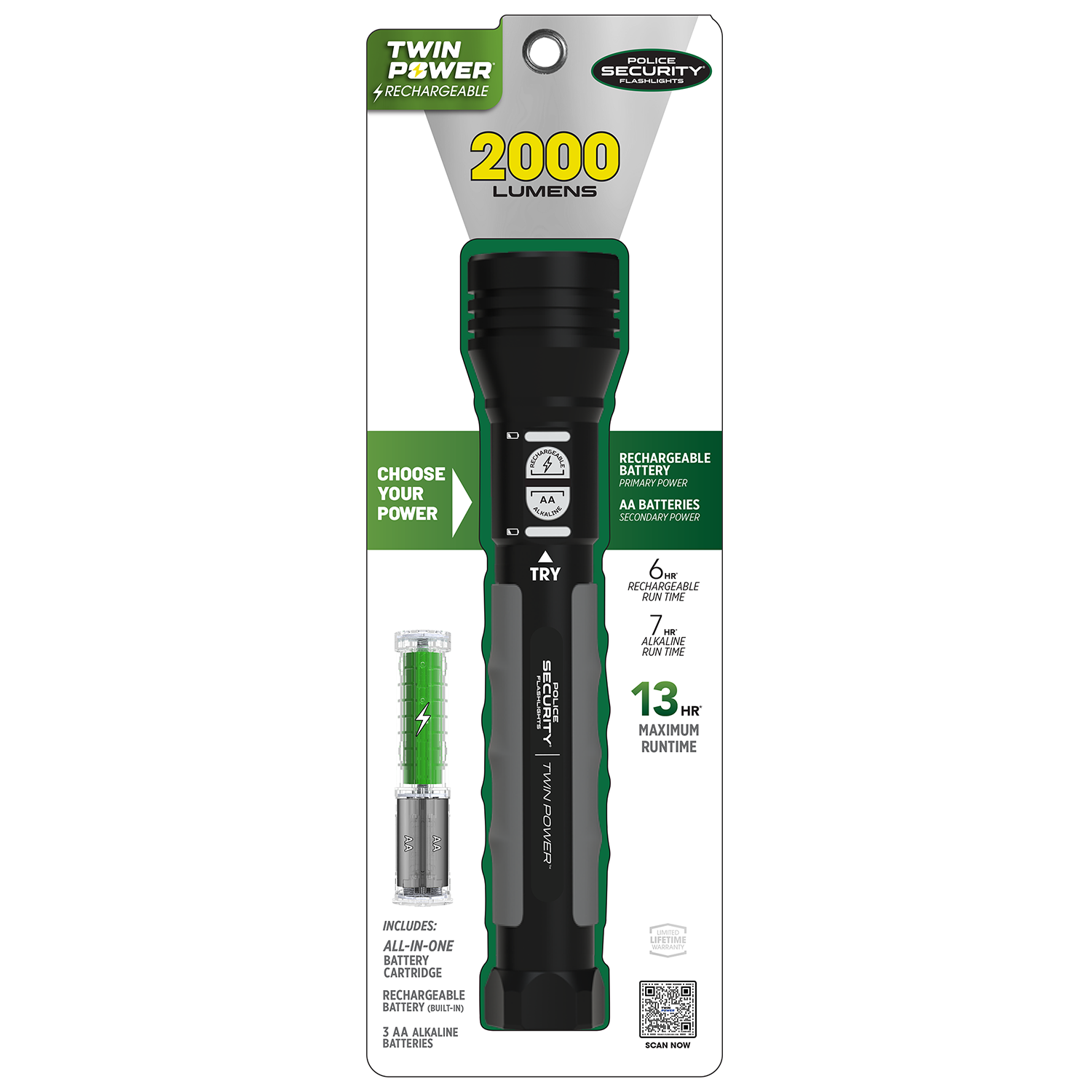 Linterna LED Police Security Twin Power de 2000 lúmenes con 4 modos y baterías recargables incluidas 97715