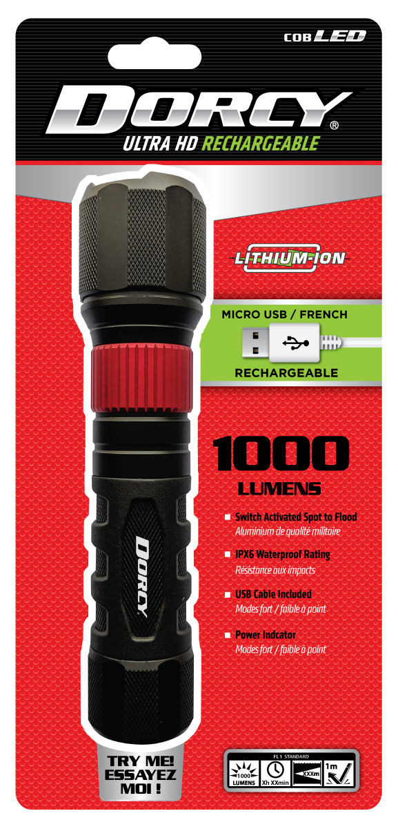 Linterna LED Dorcy International Ultra HD de 1000 lúmenes con 4 modos y baterías recargables incluidas 41-4358