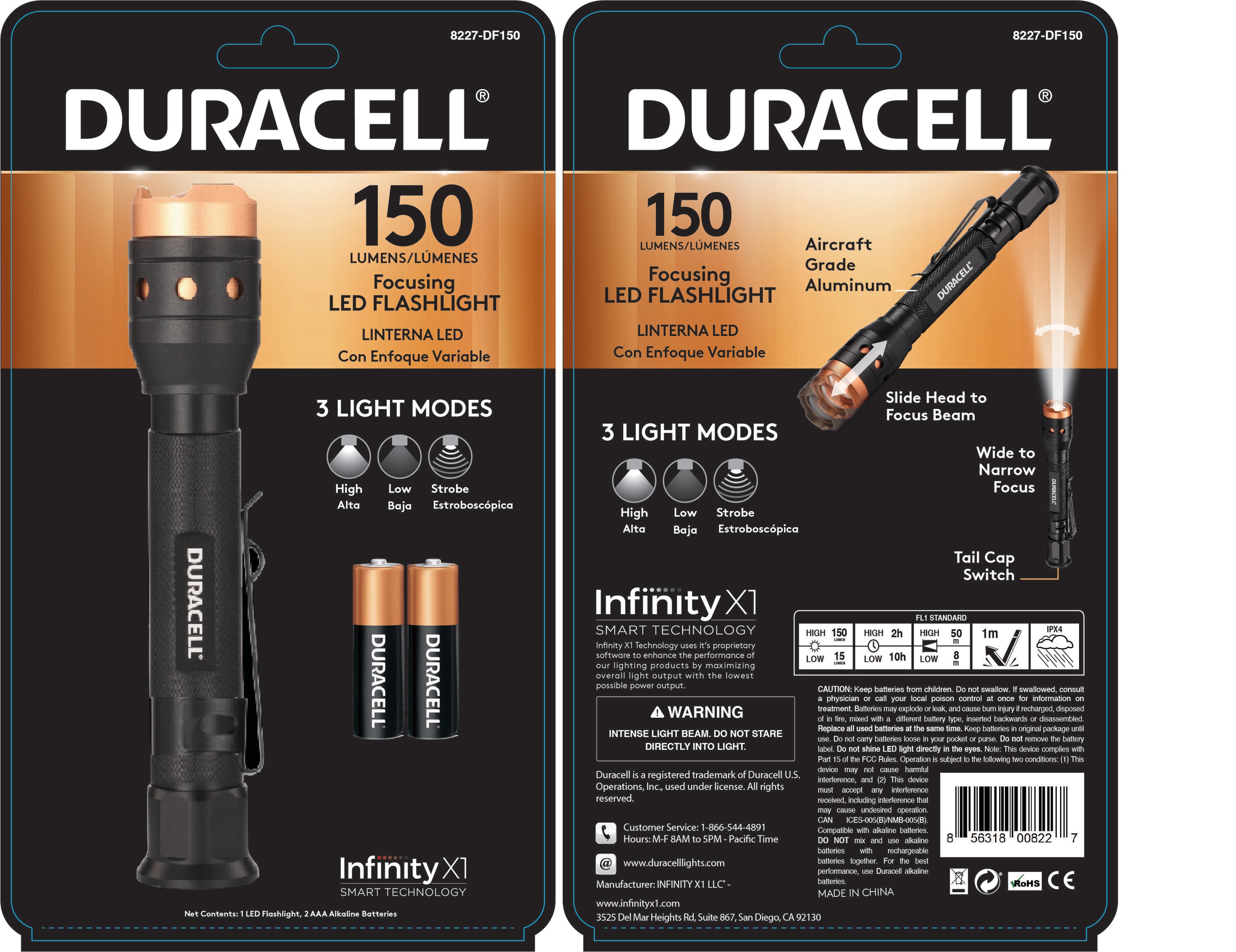 Lámpara de mano Duracell de 150 lúmenes con 3 modos y pilas incluidas 8227-DF150