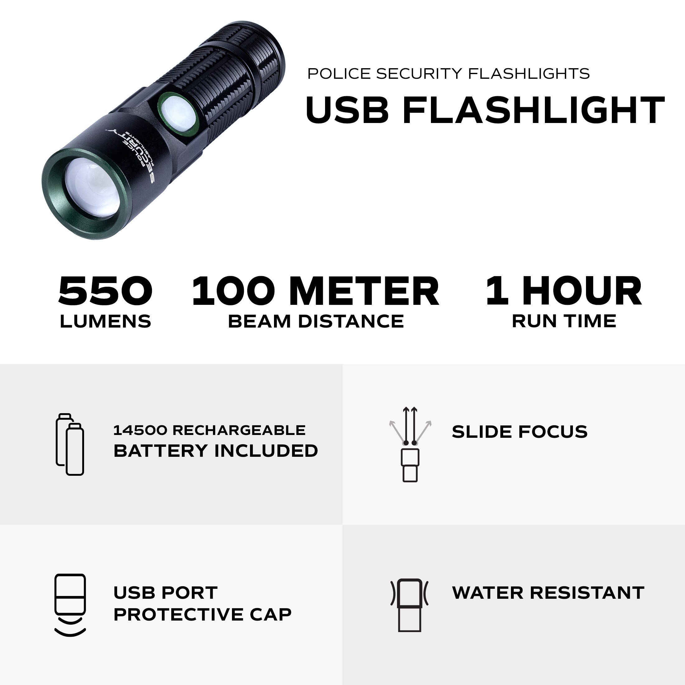 Linterna LED miniatura recargable por USB de 500 lúmenes con 3 modos y baterías incluidas de Police Security